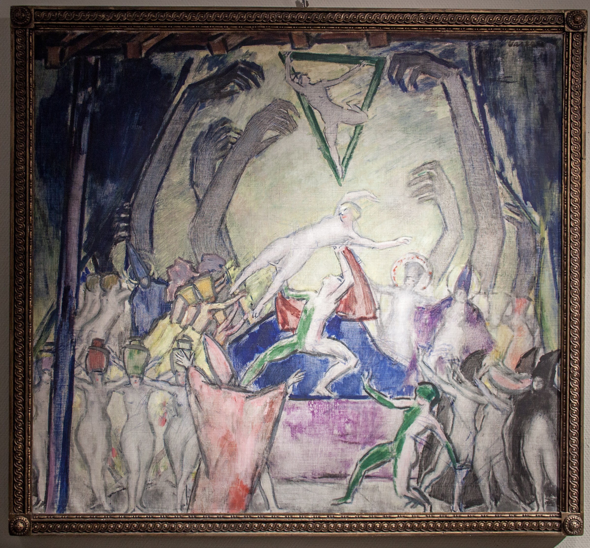 Expressionist oil painting of a Moulin Rouge revue: a pale suspended acrobat arches above a crowded stage while dozens of dark figures cluster below in a