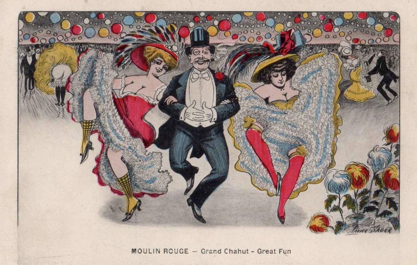 Three figures in formal and sequined costume leap and kick in unison at the Moulin Rouge, set against a softly rendered crowd and art deco border of colored