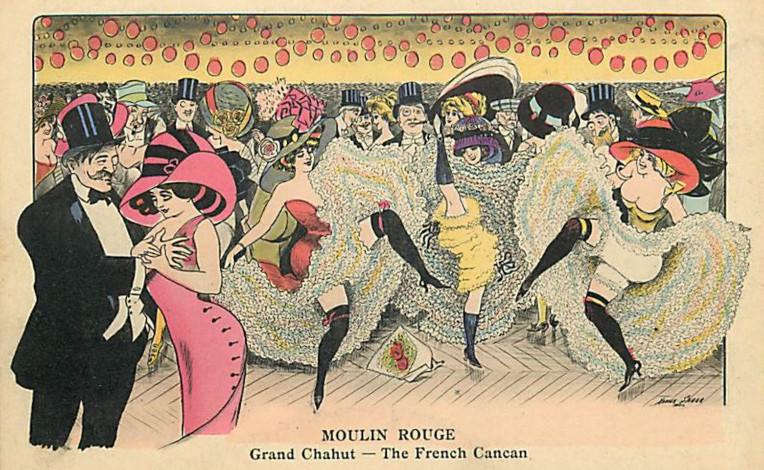 A crowded cabaret scene with dancers in shimmering, high-kicking poses surrounded by formally dressed spectators under hanging lanterns.