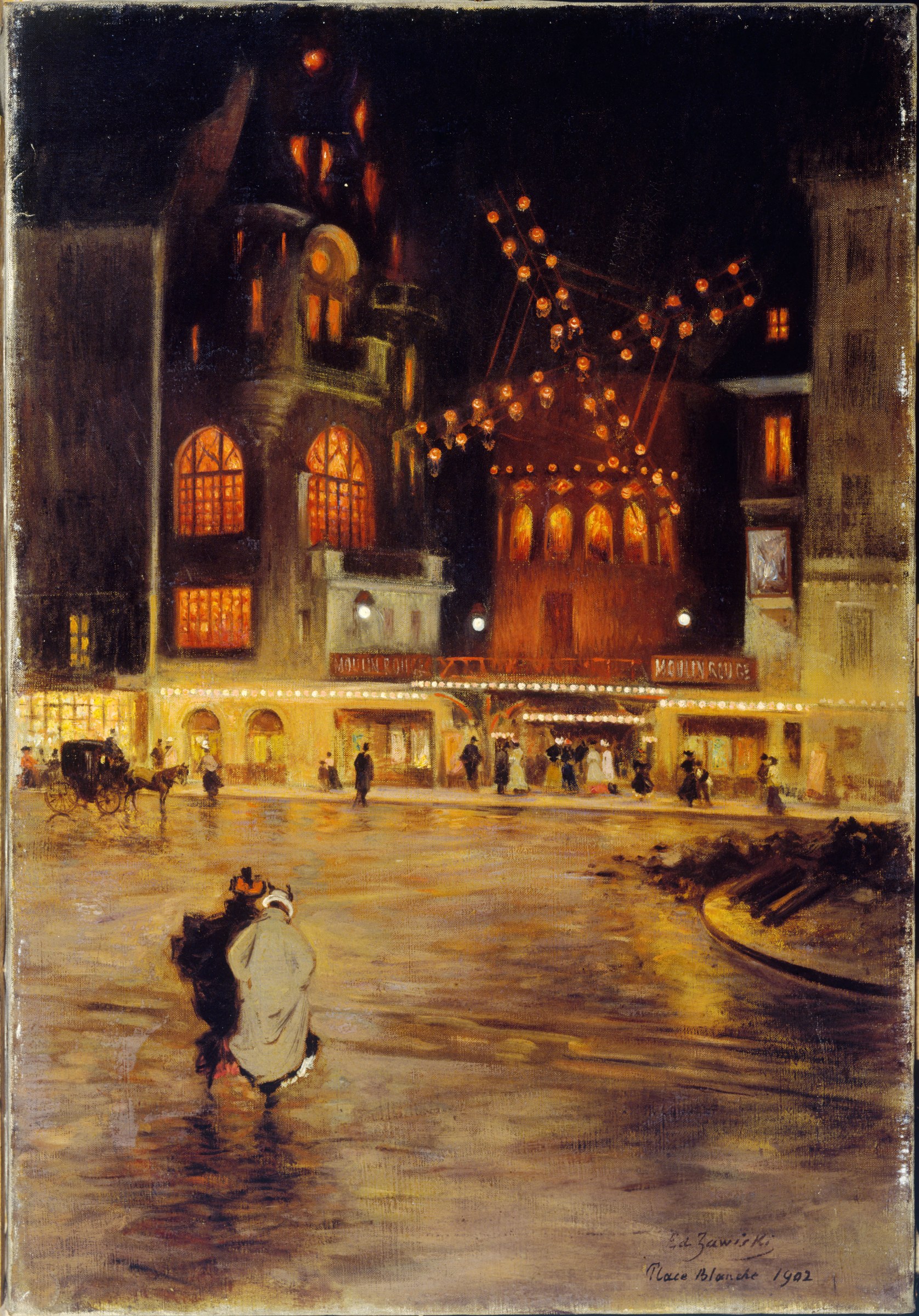 A white-cloaked figure moves across a wet Parisian plaza at night, the illuminated Moulin Rouge glowing behind, electric lights cascading from its roof.