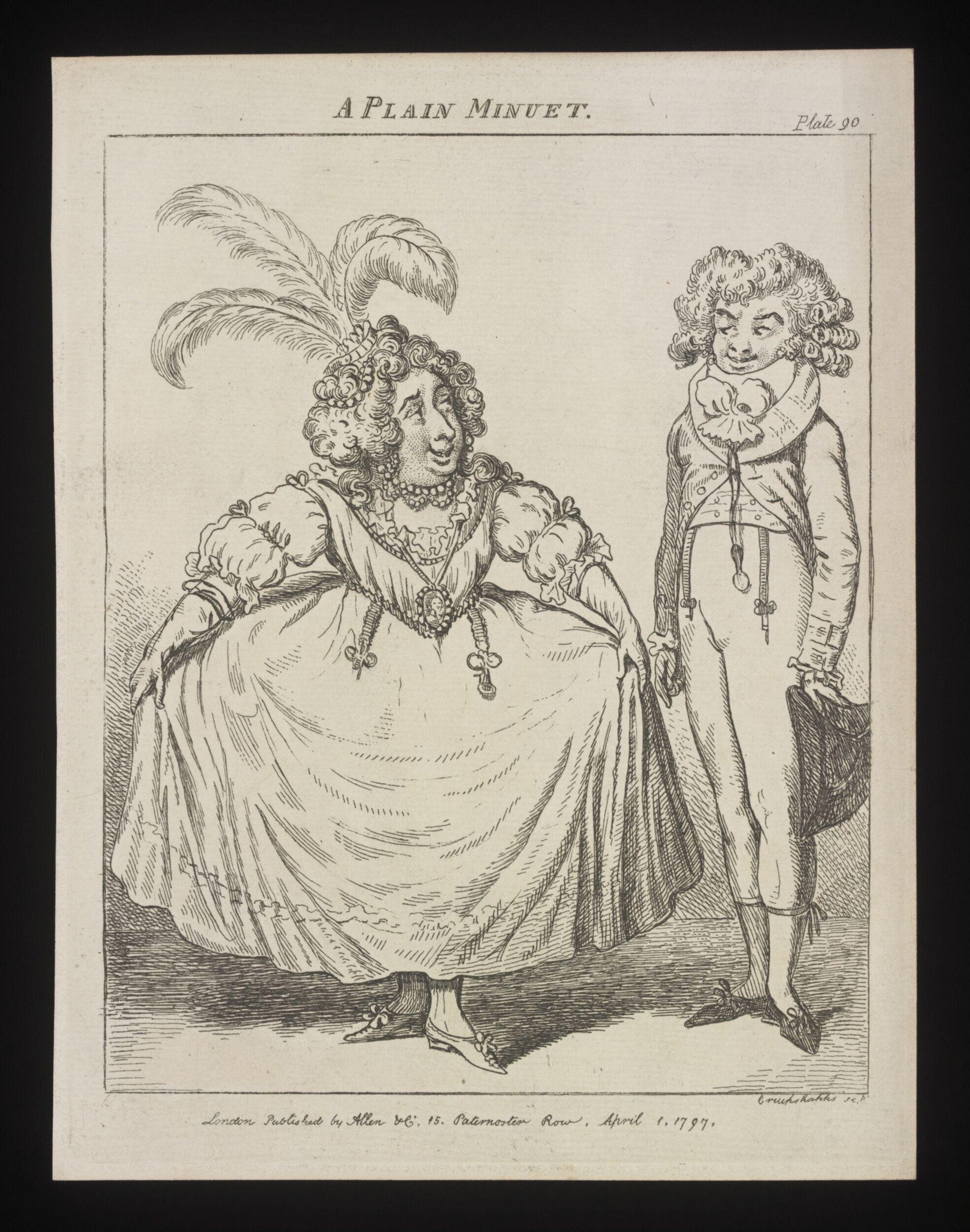Line engraving of a stout middle-aged woman in an elaborate pale gown with ostrich plumes, standing stiffly with raised arms; a young man in coat and breeches
