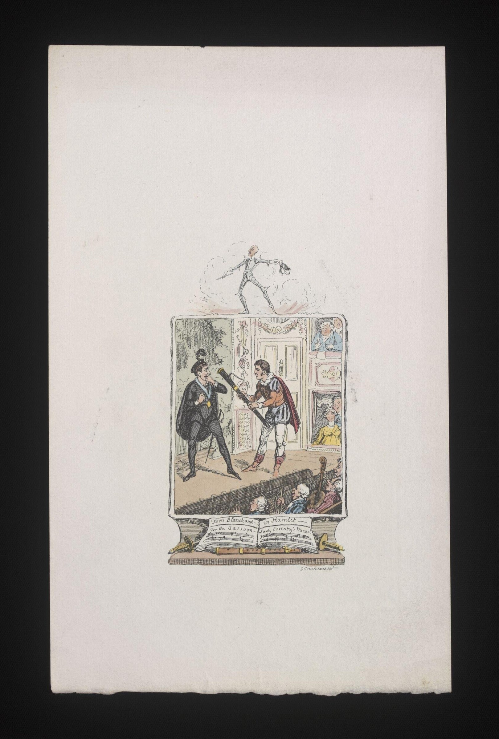 Hand-colored etching showing two men in 18th-century dress facing off over a bassoon in a drawing room, with an acrobat leaping above the frame.