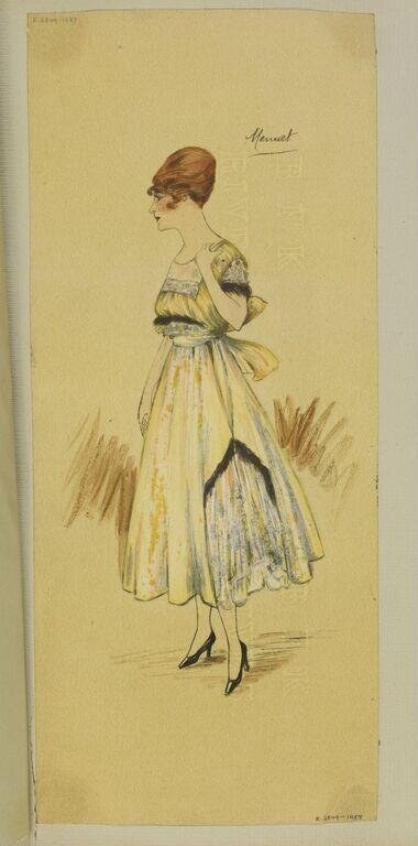 A woman in a pale yellow 1910s dress stands in formal posture, her upright frame and restrained arm position echoing the elegant restraint of the minuet.
