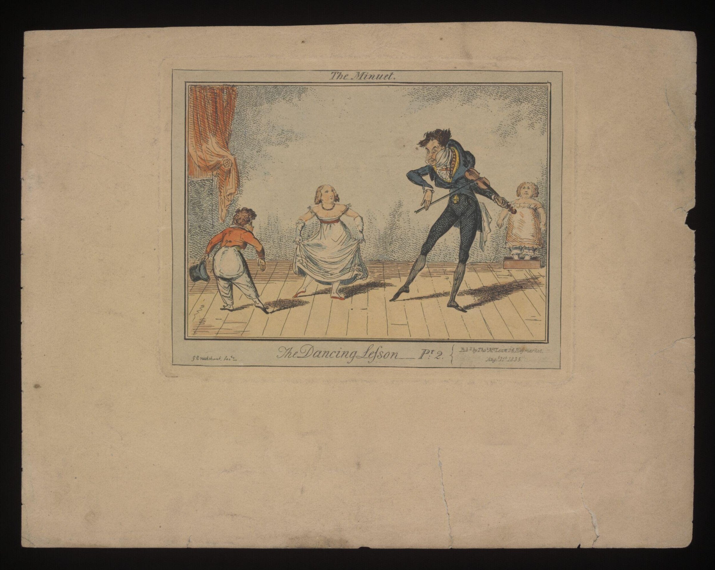 A dancing master in a dark coat instructs two children in minuet posture in a sunlit room, while a woman observes.