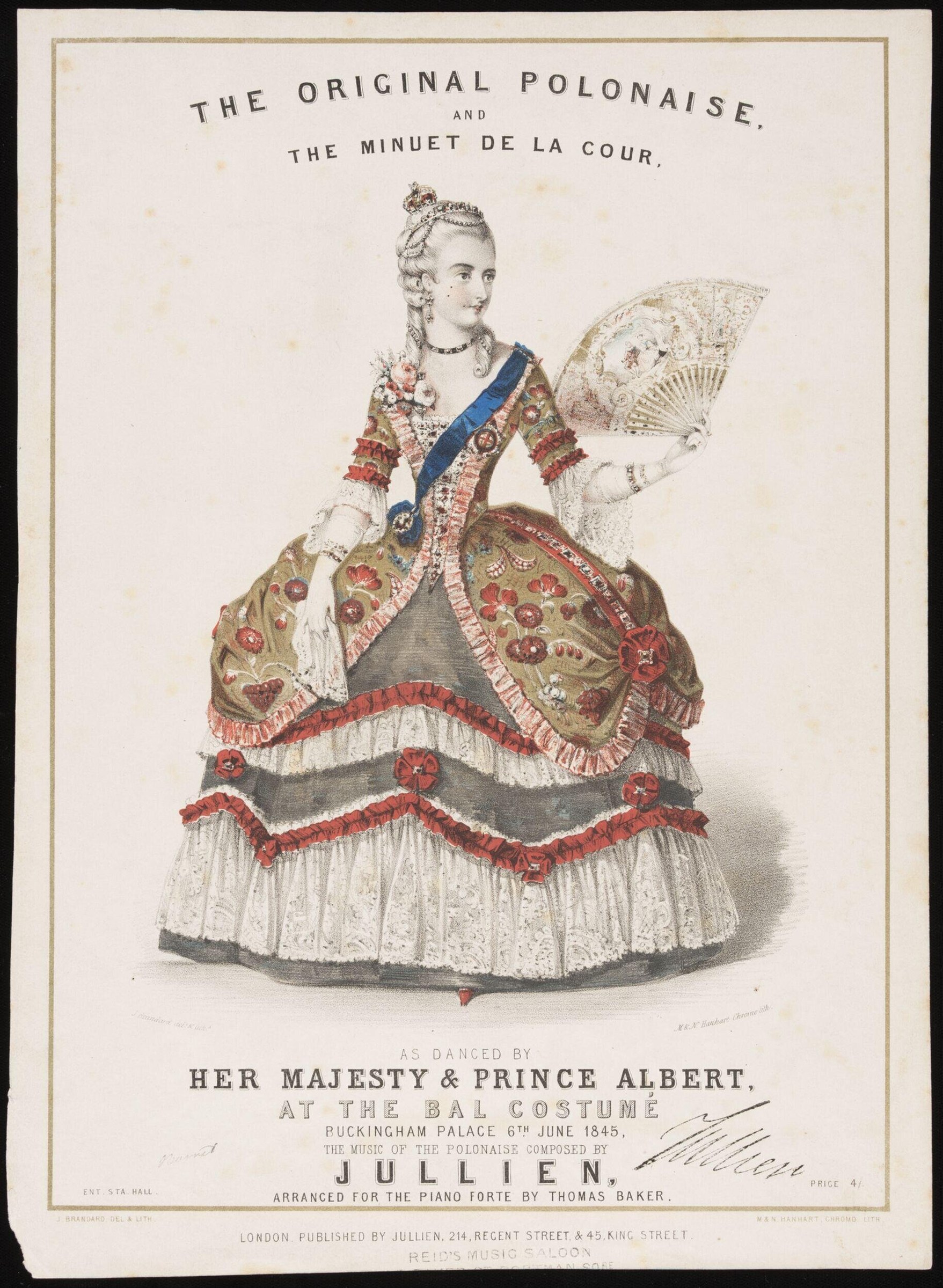 Woman in 18th-century court dress with embroidered overskirt, blue sash, and fan, posed in upright formal posture.