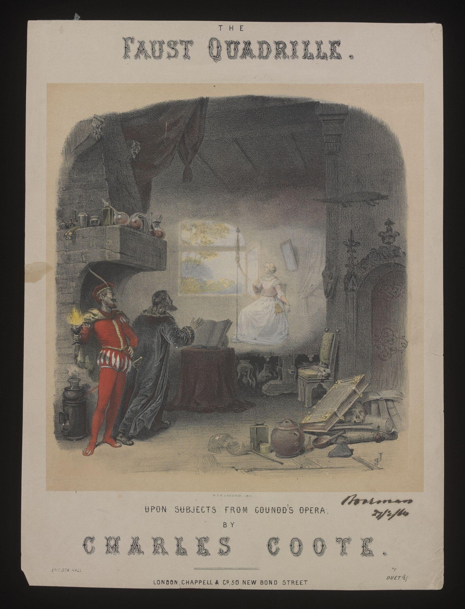 A man in red military coat and companion observe a luminous woman in white drapery hovering in a Gothic stone chamber, surrounded by scholarly books and