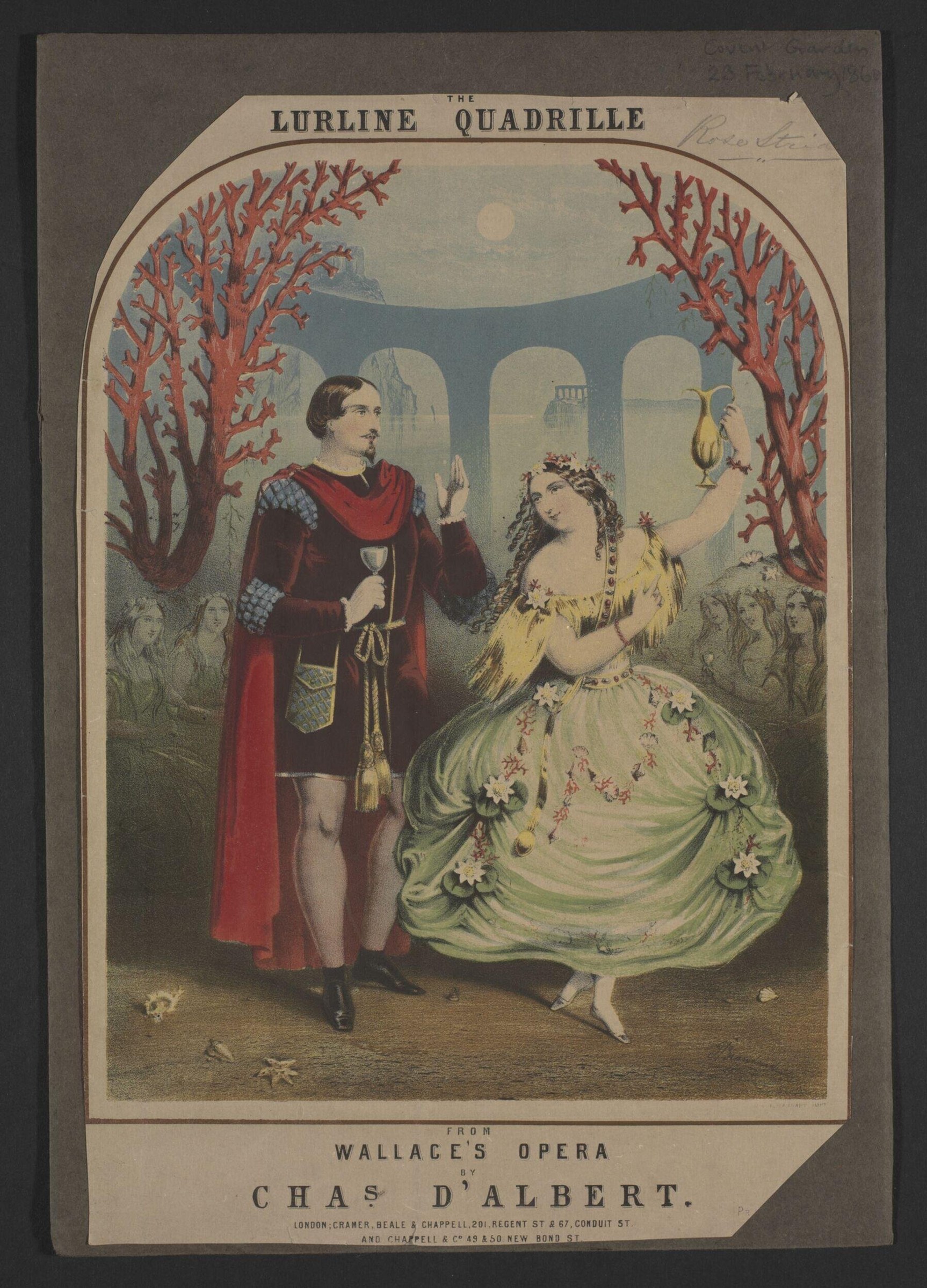 A man in red tunic and cape holds a chalice as a woman in yellow gown with flowers raises her arm in a romantic gesture beneath stone arches.
