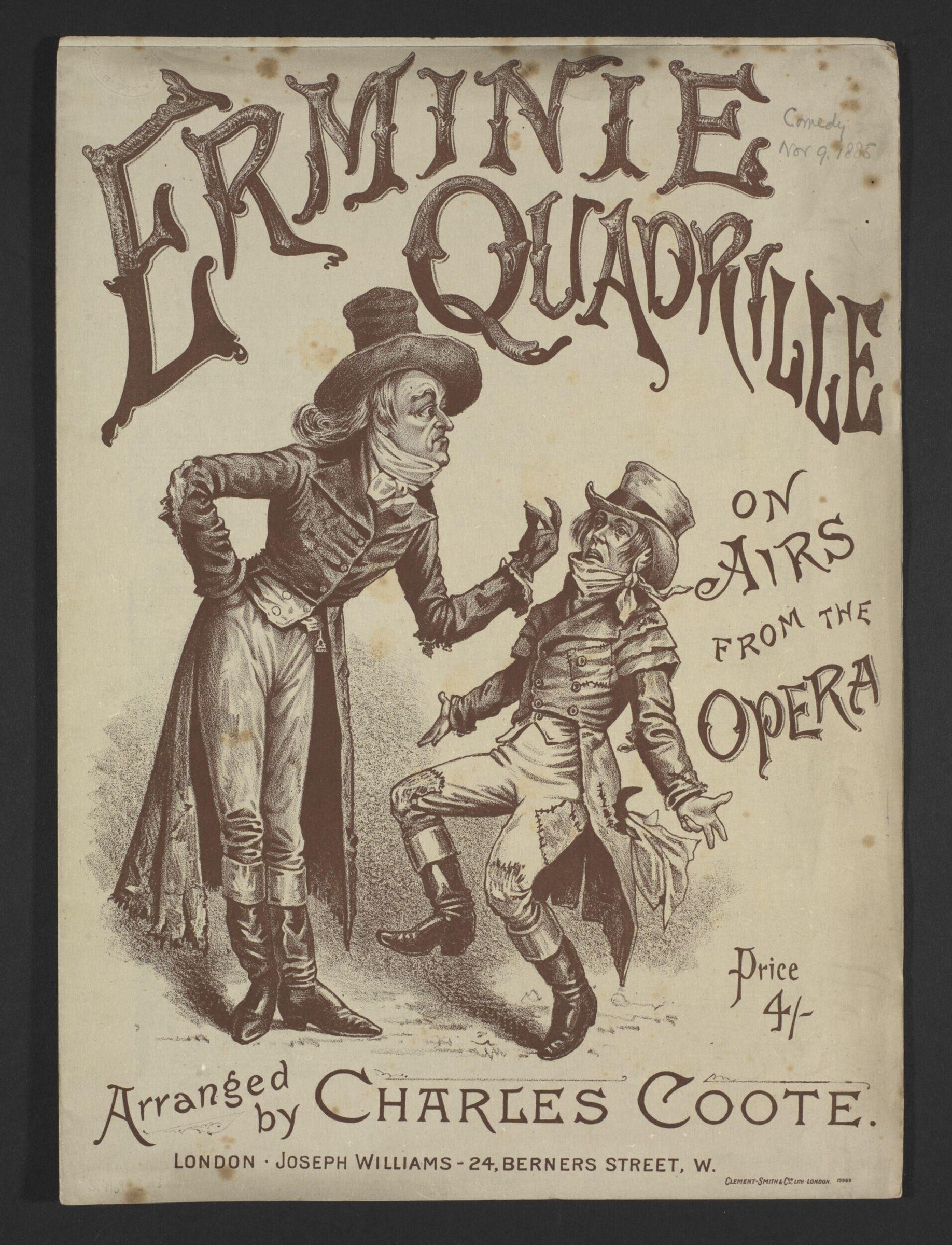 Engraving of a tall man in a tail coat bowing to a small boy in military dress, above ornate lettering reading 'Erminie Quadrille.'
