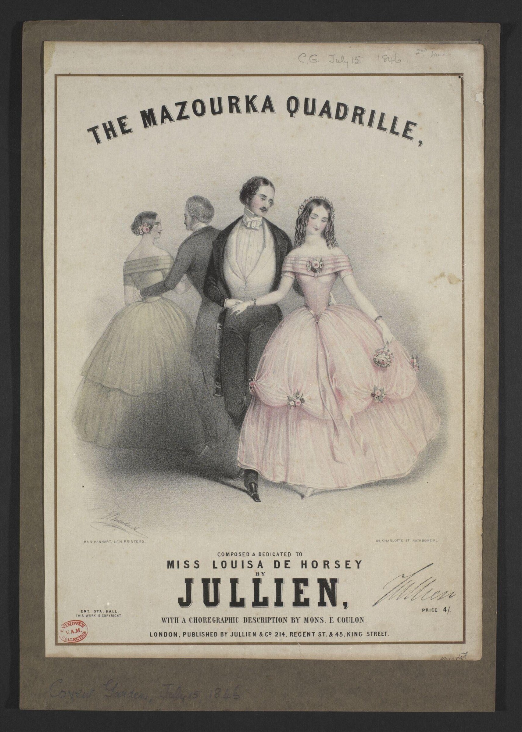 Four figures in Victorian ballroom dress: a central gentleman in dark coat faces a woman in pink silk gown; two other women in cream and grey silk complete the