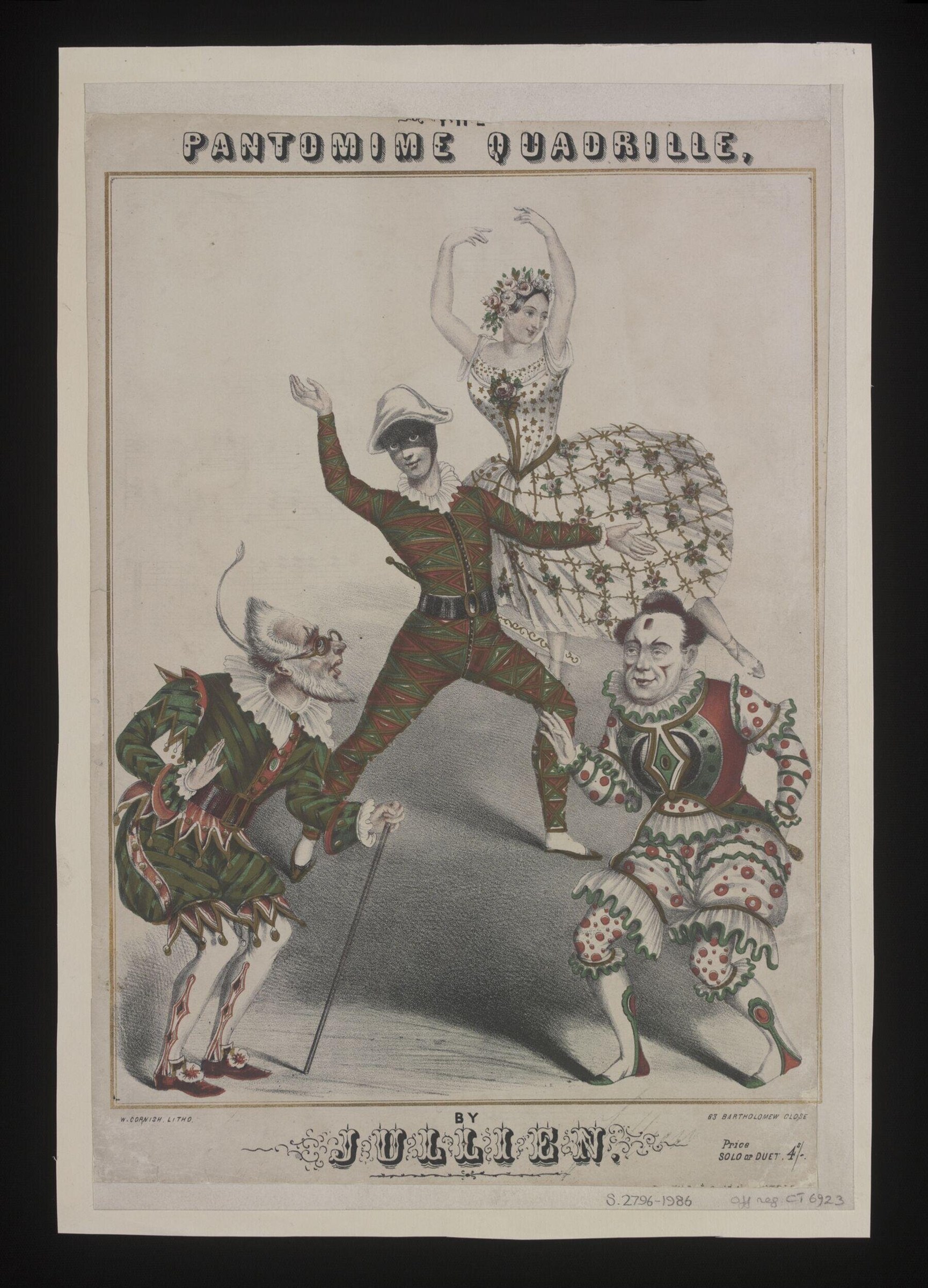 Hand-colored theatrical print: a woman in a jewelled costume raises her arms in exaggerated pose while three grotesquely costumed masked male figures stand