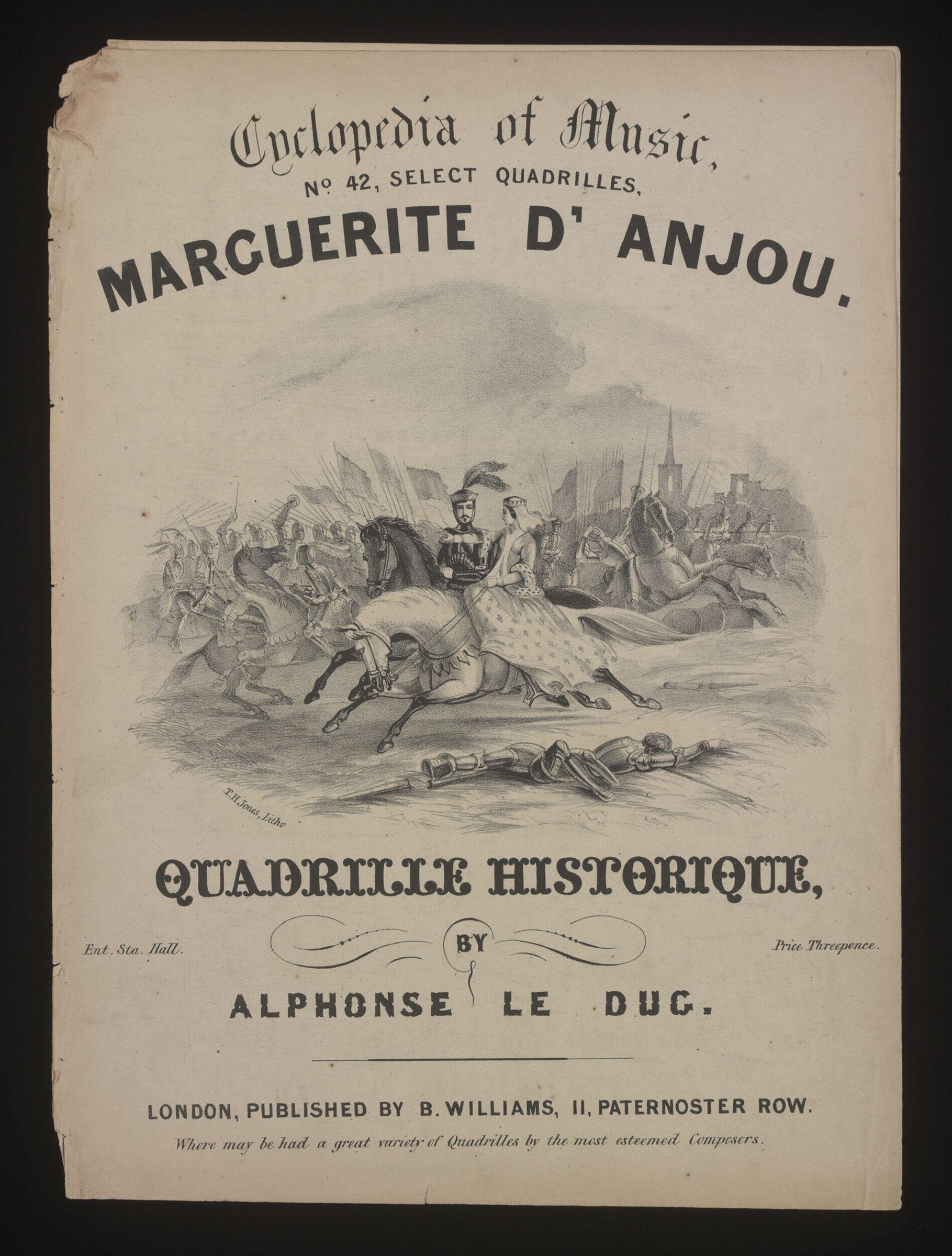 Engraving: mounted woman in patterned dress surrounded by uniformed soldiers with raised weapons, fortified city behind.