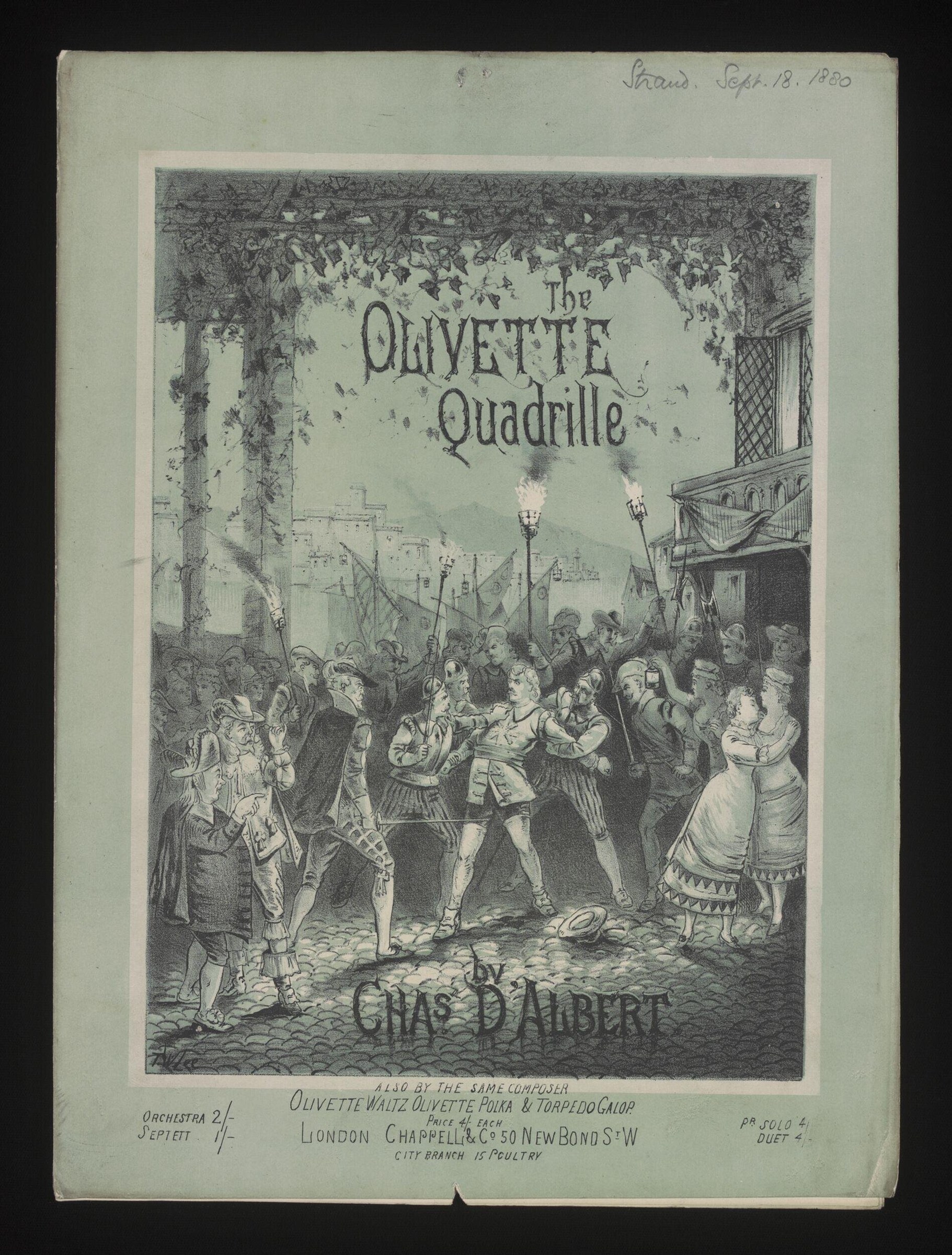 Engraved title page showing four couples dancing quadrille in a crowded street surrounded by onlookers in 19th-century dress.