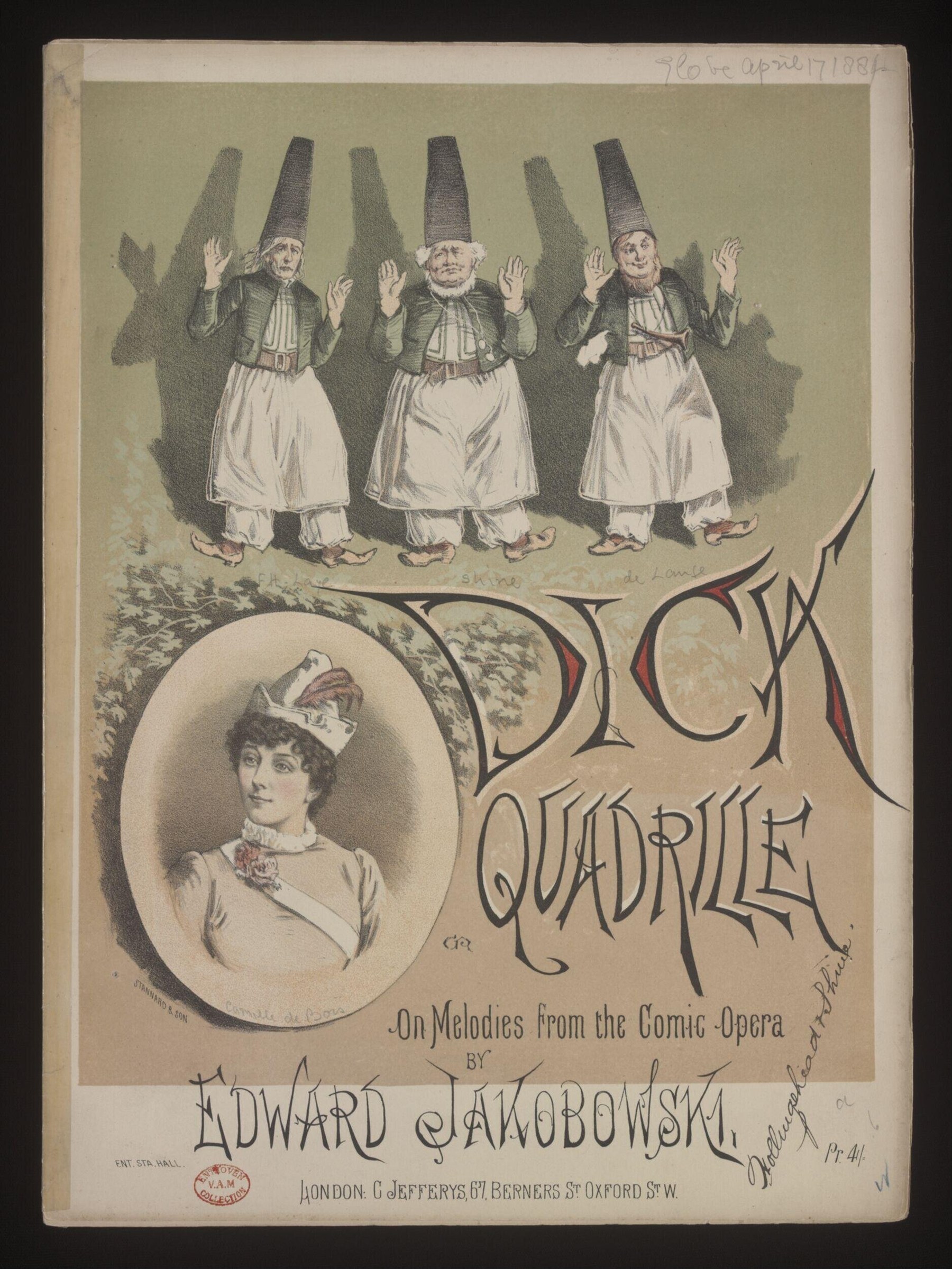 Chromolithograph sheet music cover showing three costumed women with raised arms above, and a portrait of an elegant woman below, with ornate lettering reading