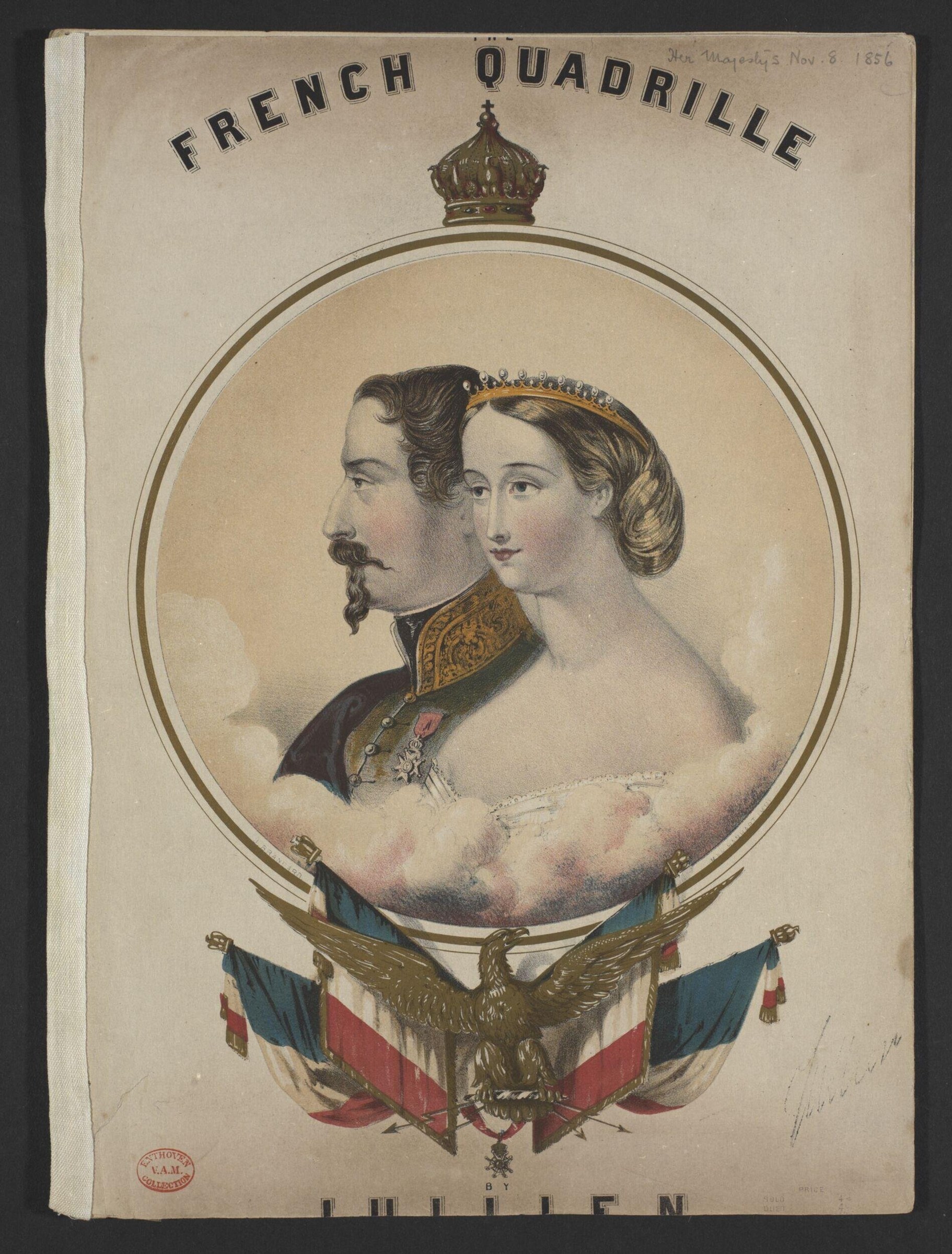 Two elegantly dressed figures—a man in military dress and a woman wearing a tiara—set in a formal circular frame topped by a crown.