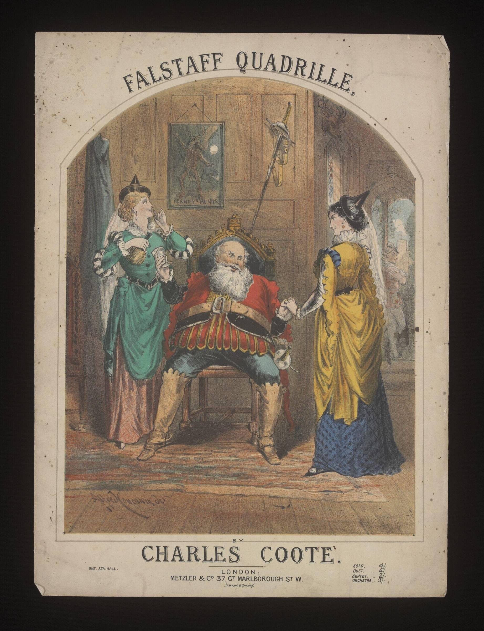 Hand-colored engraving of an elderly bearded man in red armor seated in a chamber, attended by three figures in elaborate silk costumes.