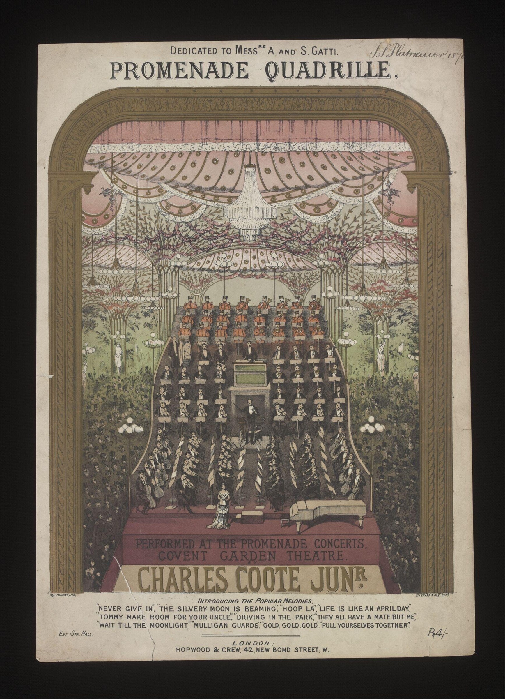 Hand-colored engraving of formally dressed dancers in precise rows beneath an ornate pavilion at a Victorian concert hall.