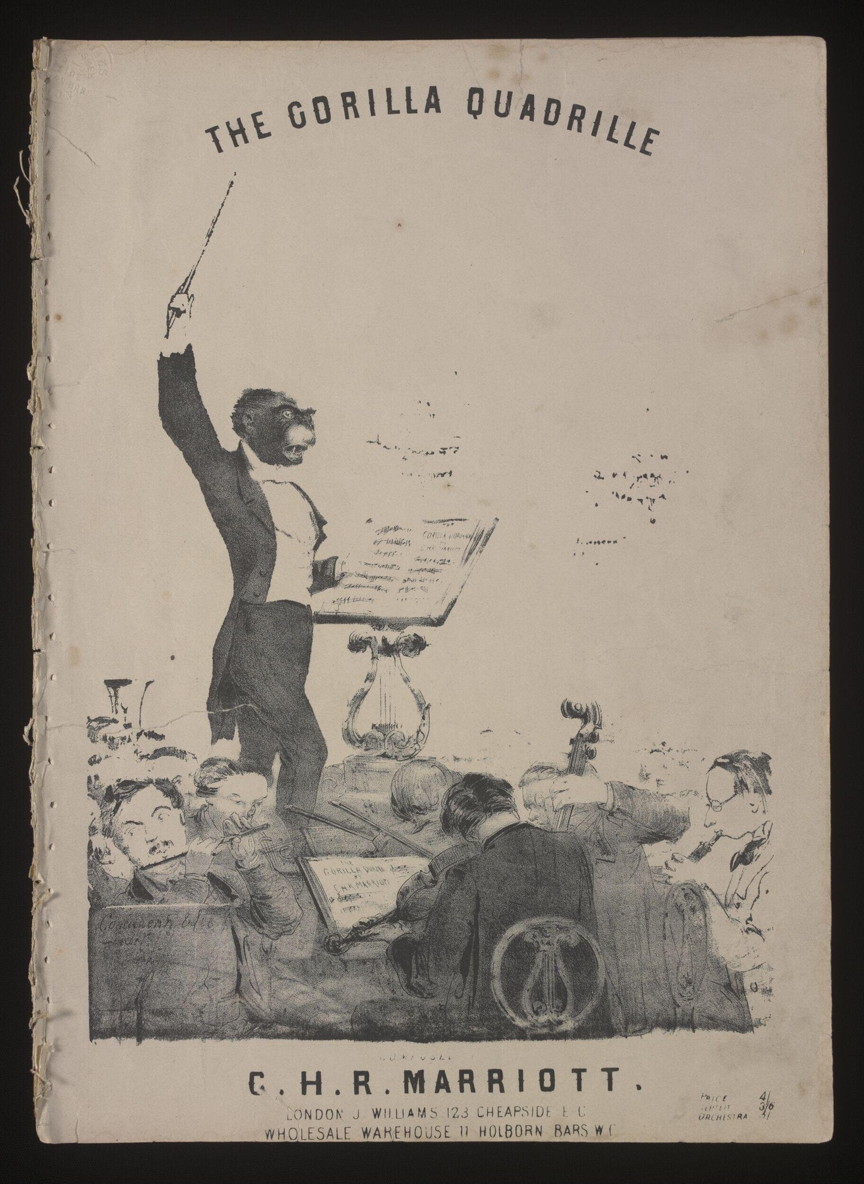 Victorian-era engraving of fashionable couples performing a quadrille under the direction of a gorilla conductor standing on a pedestal.