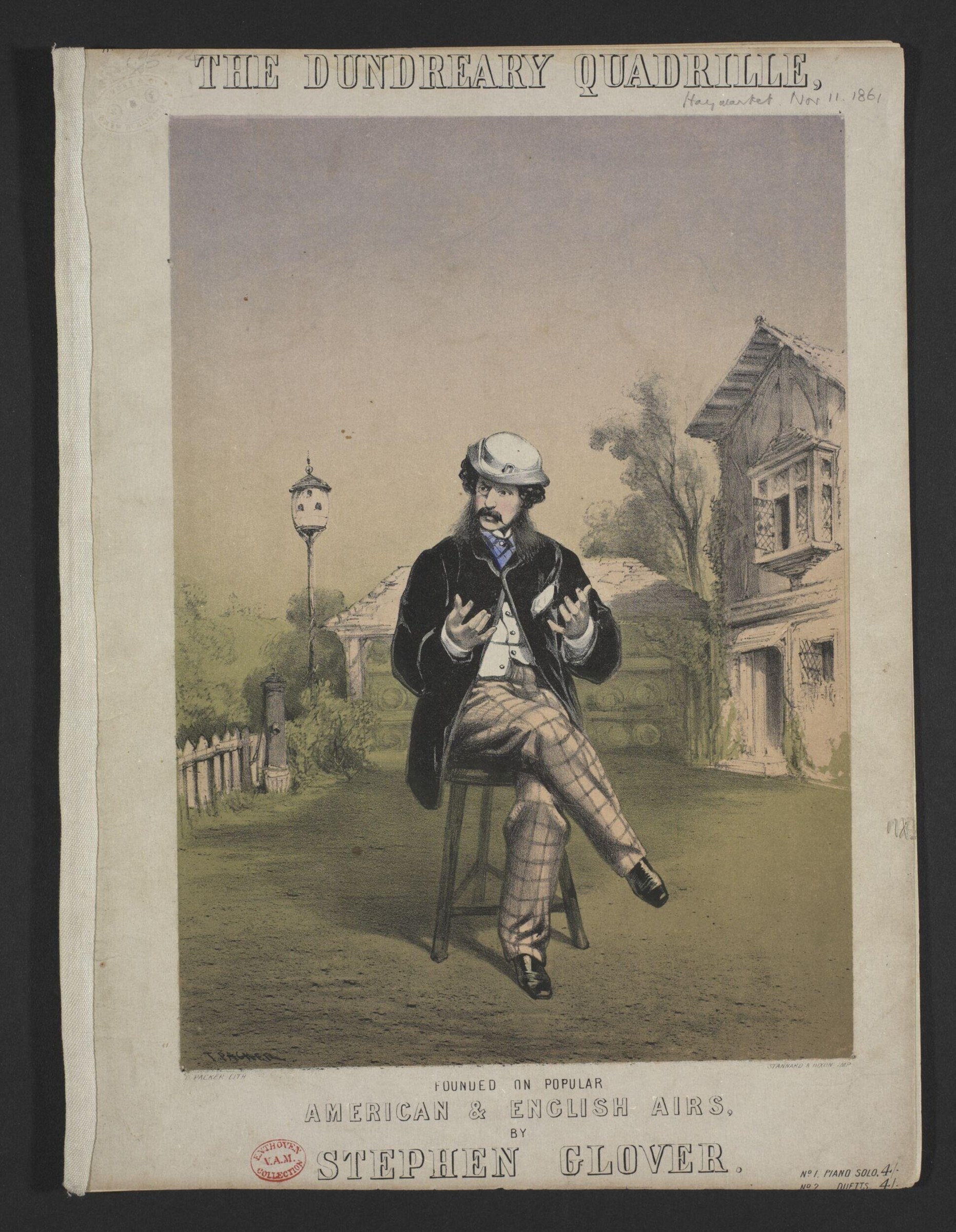 A man in Victorian dress kicks one leg high with arms spread wide, striking an exaggerated theatrical pose on an orderly suburban street.