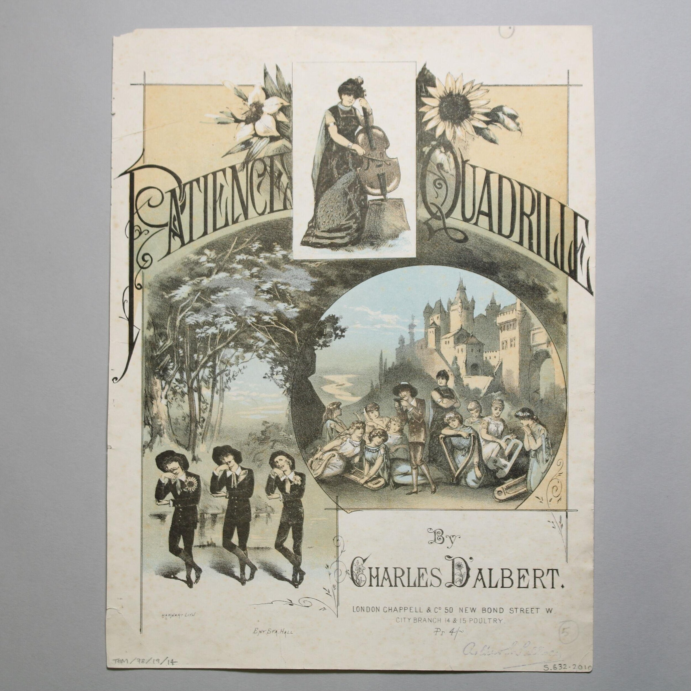 Chromolithographed title page showing a cellist in formal dress at center, with young men waiting at left and dancers gathering in a castle ballroom at right.