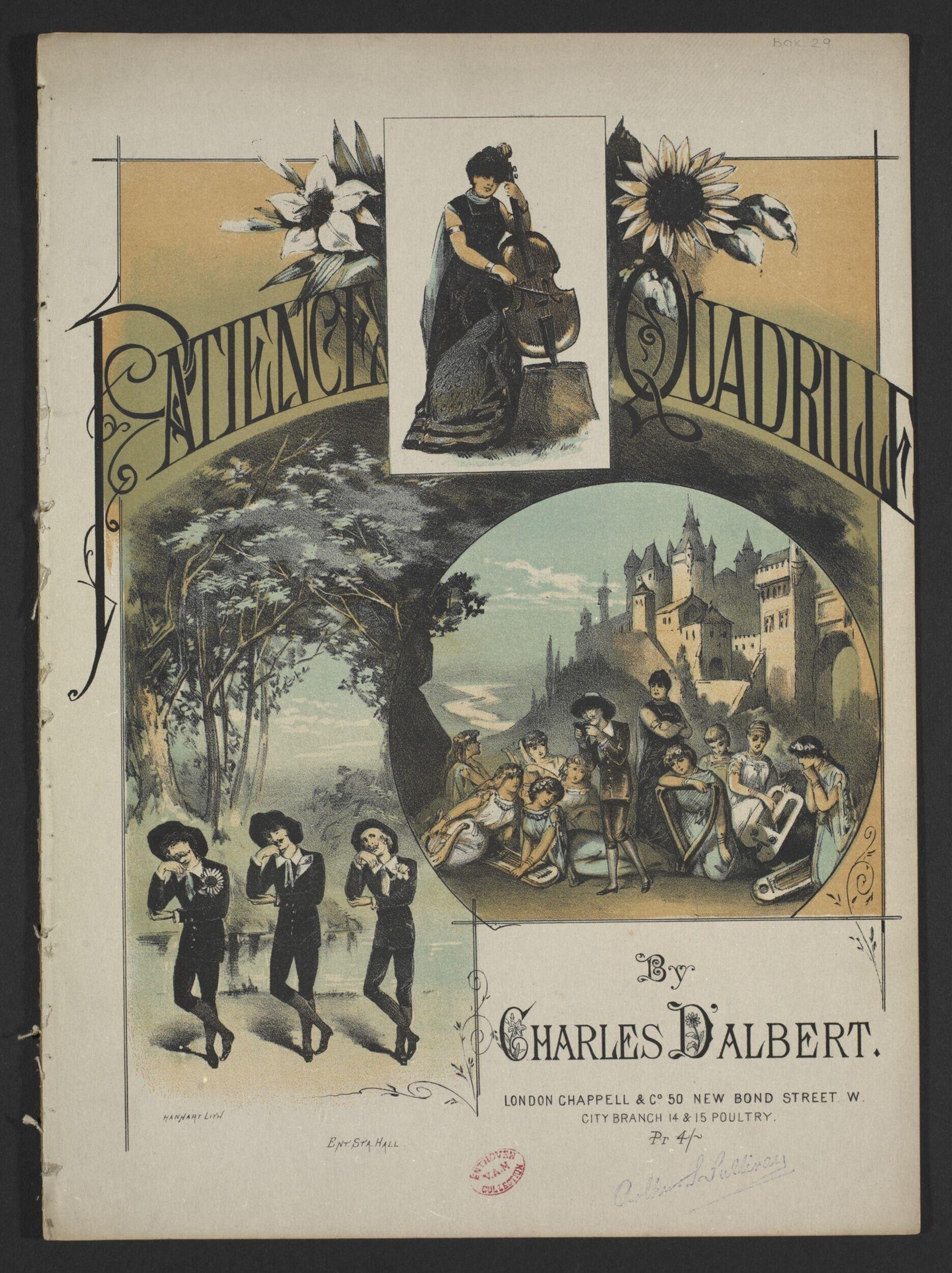 Decorative Victorian sheet music cover for Patience Quadrille by Charles D'Albert, with ornamental lettering, pensive seated woman, and castle scene.