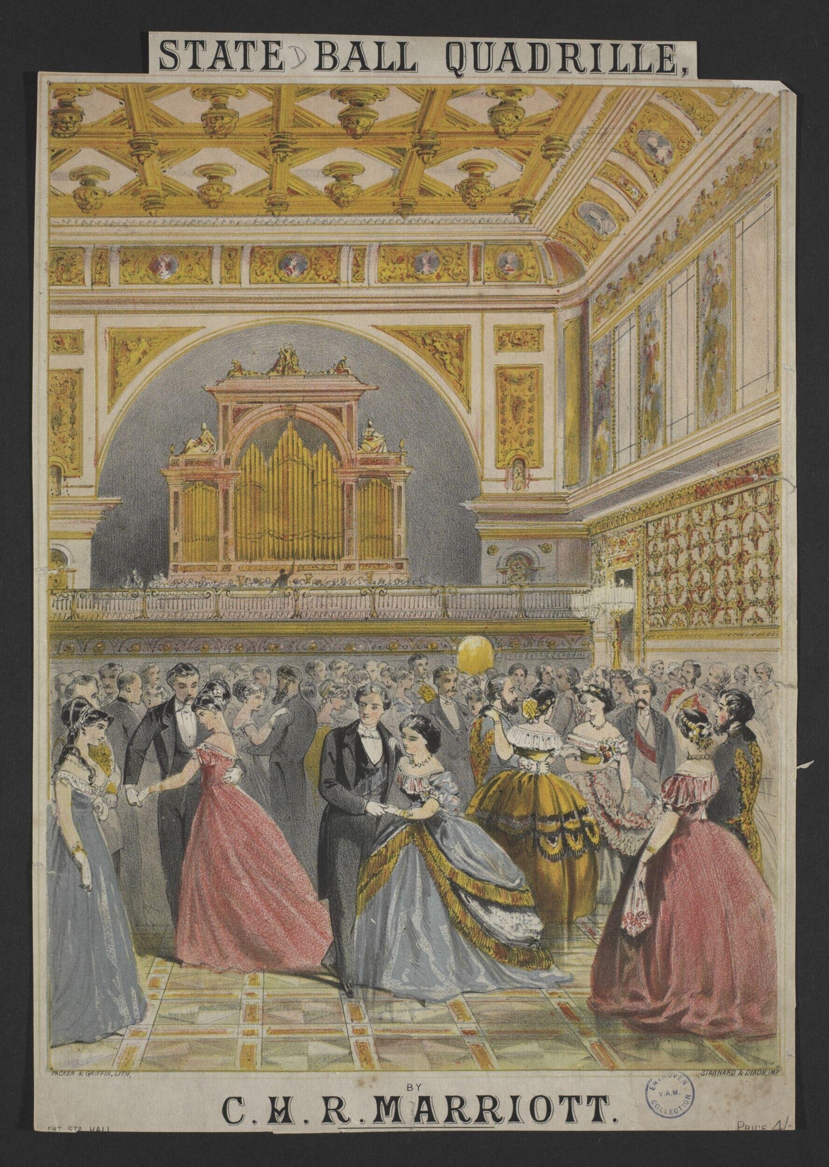 Hand-colored print of formally dressed couples dancing the quadrille in an ornate state ballroom with gilded walls and a pipe organ.