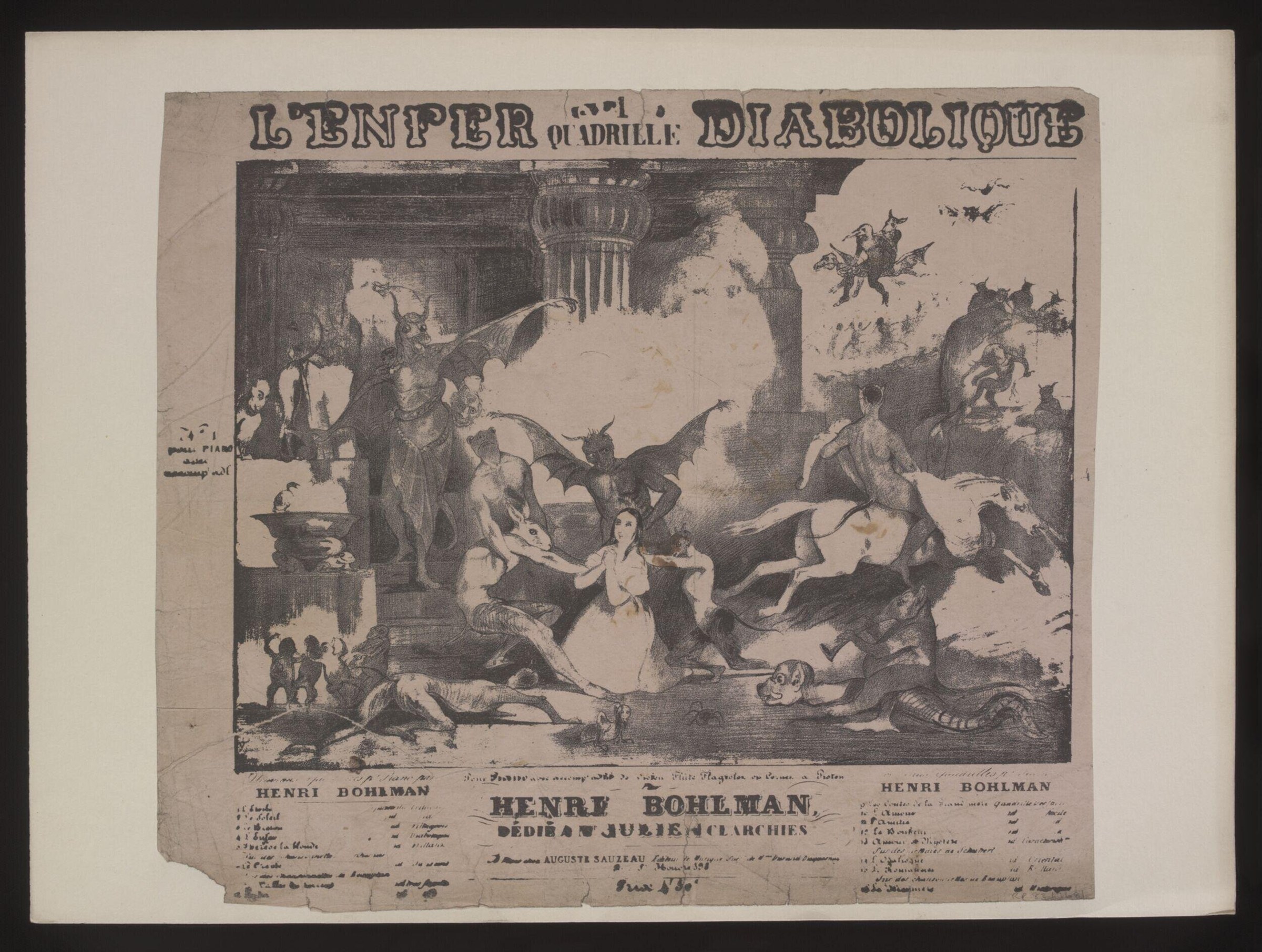 Relief print: crowded ballroom scene with classical columns, pale-gowned dancers, and dark demonic figures with wings amid smoke.