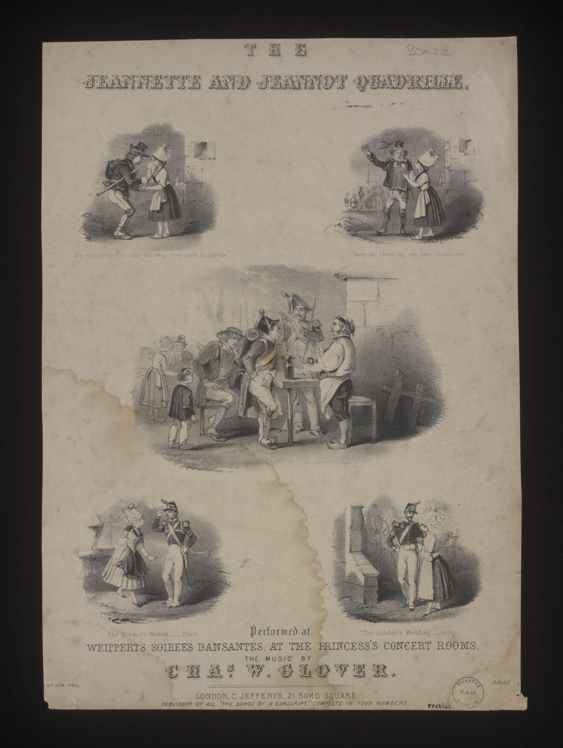 Five engraved scenes of a formal Regency-era quadrille dance, with couples in period costume shown in a central assembly and four smaller vignettes depicting