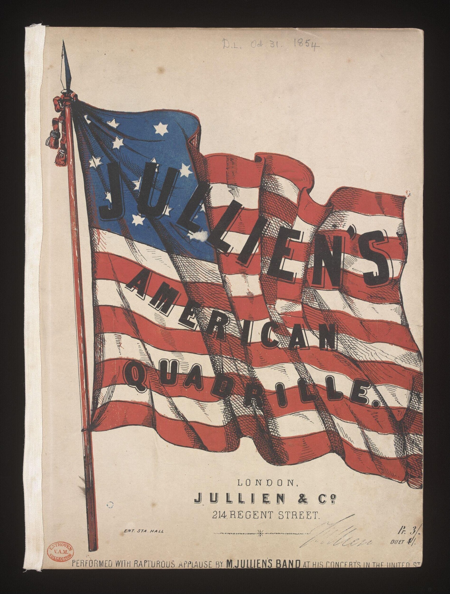 Sheet music cover for Jullien's American Quadrille, featuring a billowing American flag with stars and stripes, published in London by Jullien & Co.