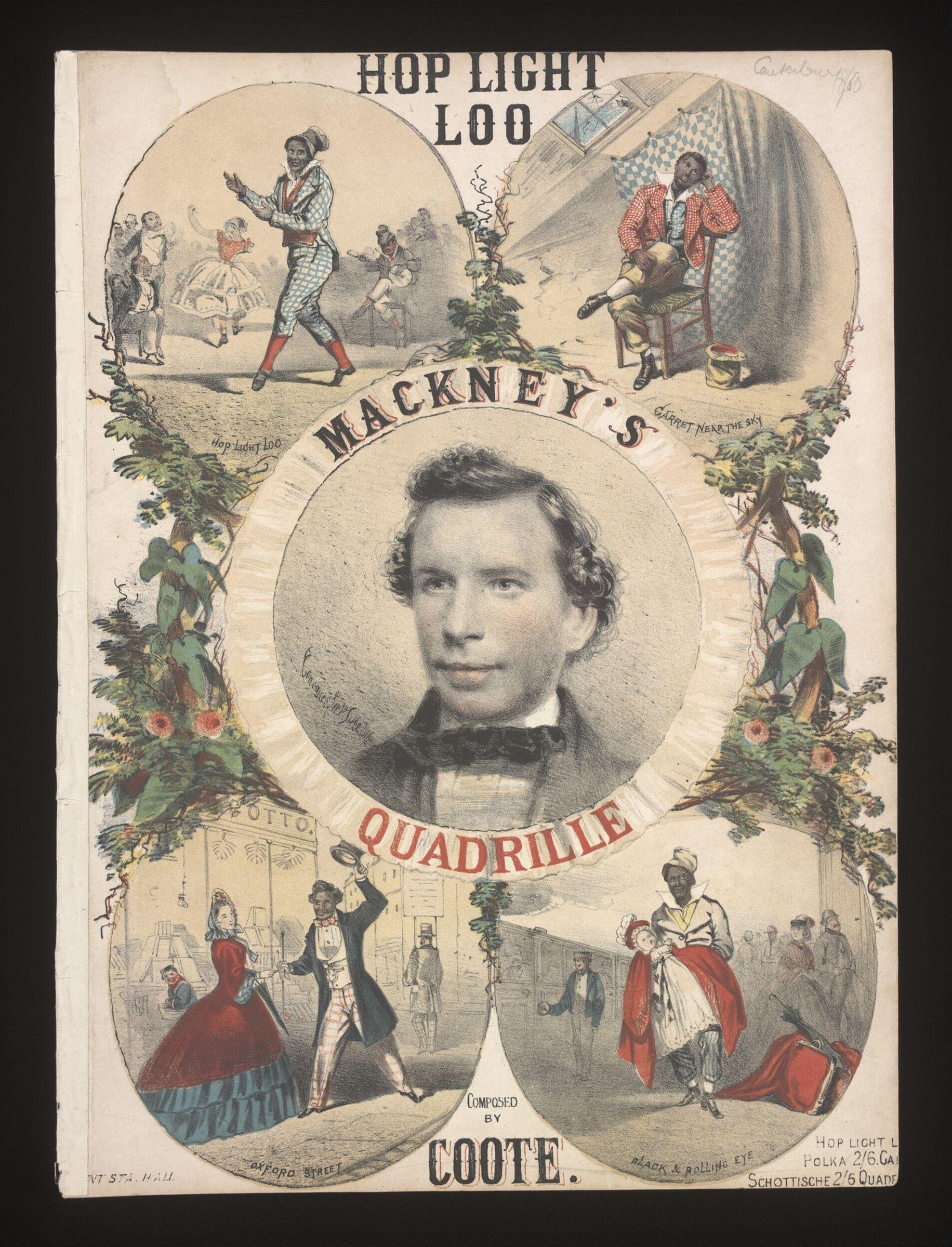 Victorian lithographed music cover for a quadrille showing five dance scenes around a composer's portrait, surrounded by hop plants.