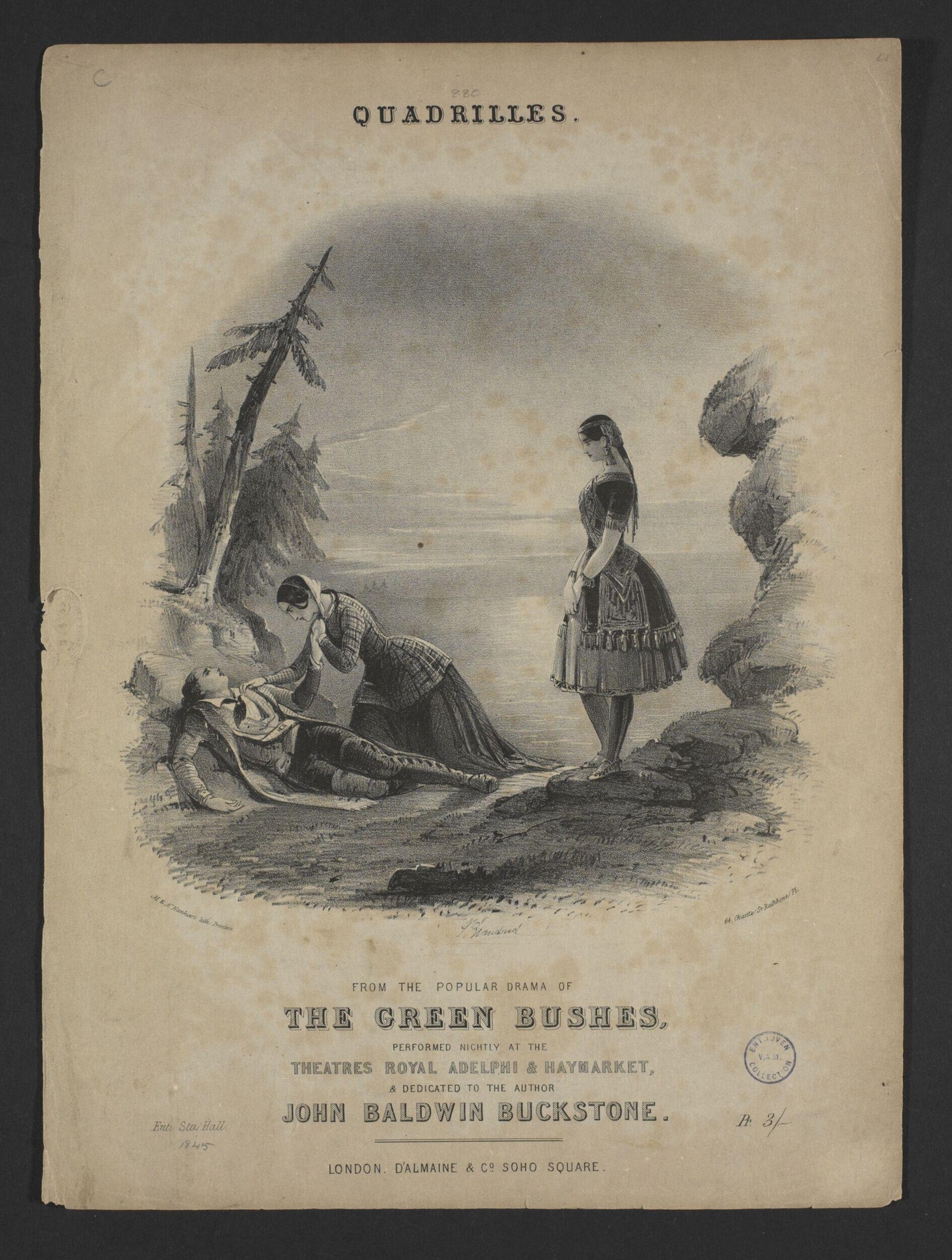 Engraving of three figures in a woodland setting: a woman kneels beside a recumbent man while another woman stands watching.