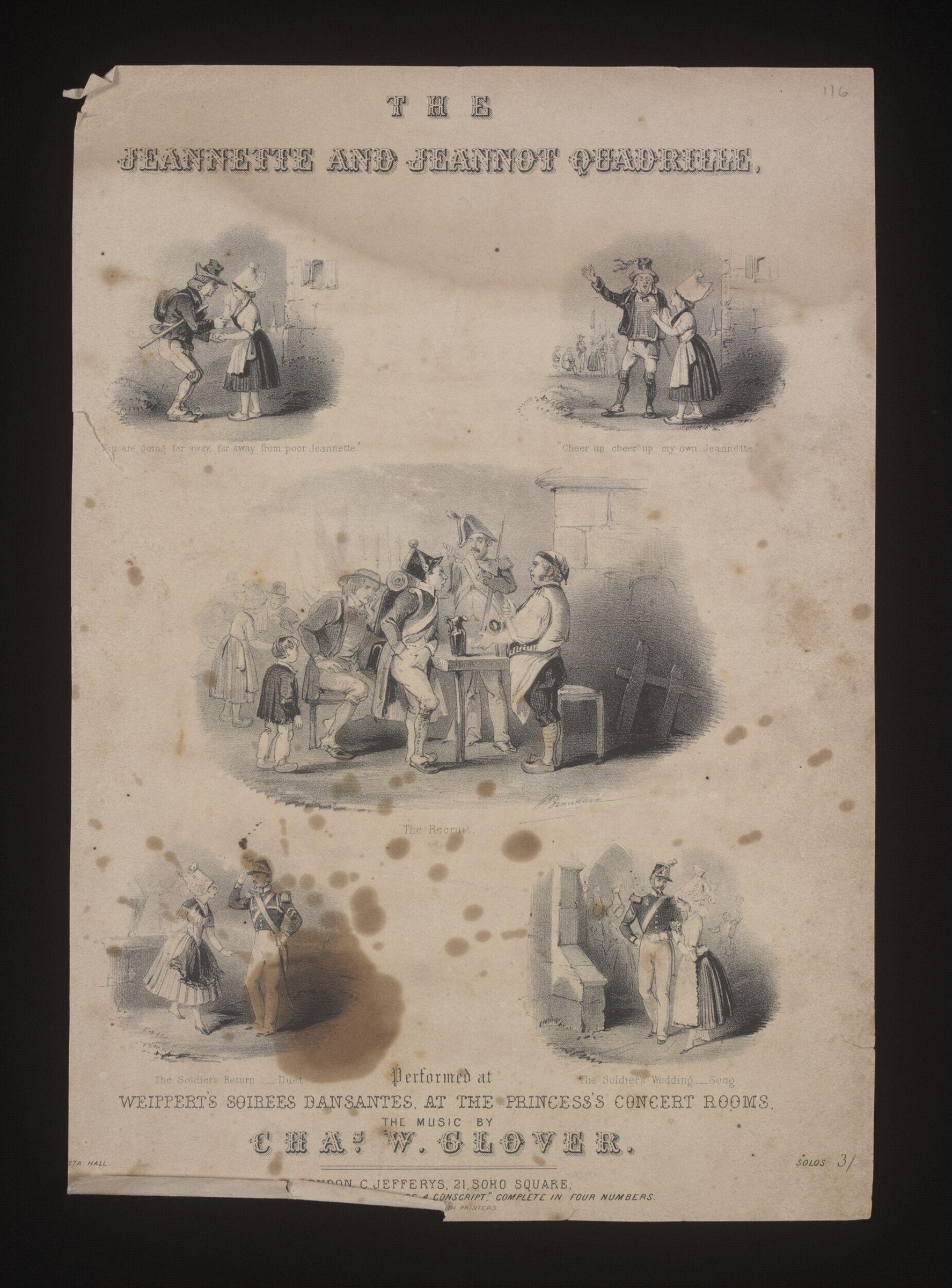 Five engraved scenes from a theatrical quadrille: courtship, feasting, and reunion in Victorian dress.