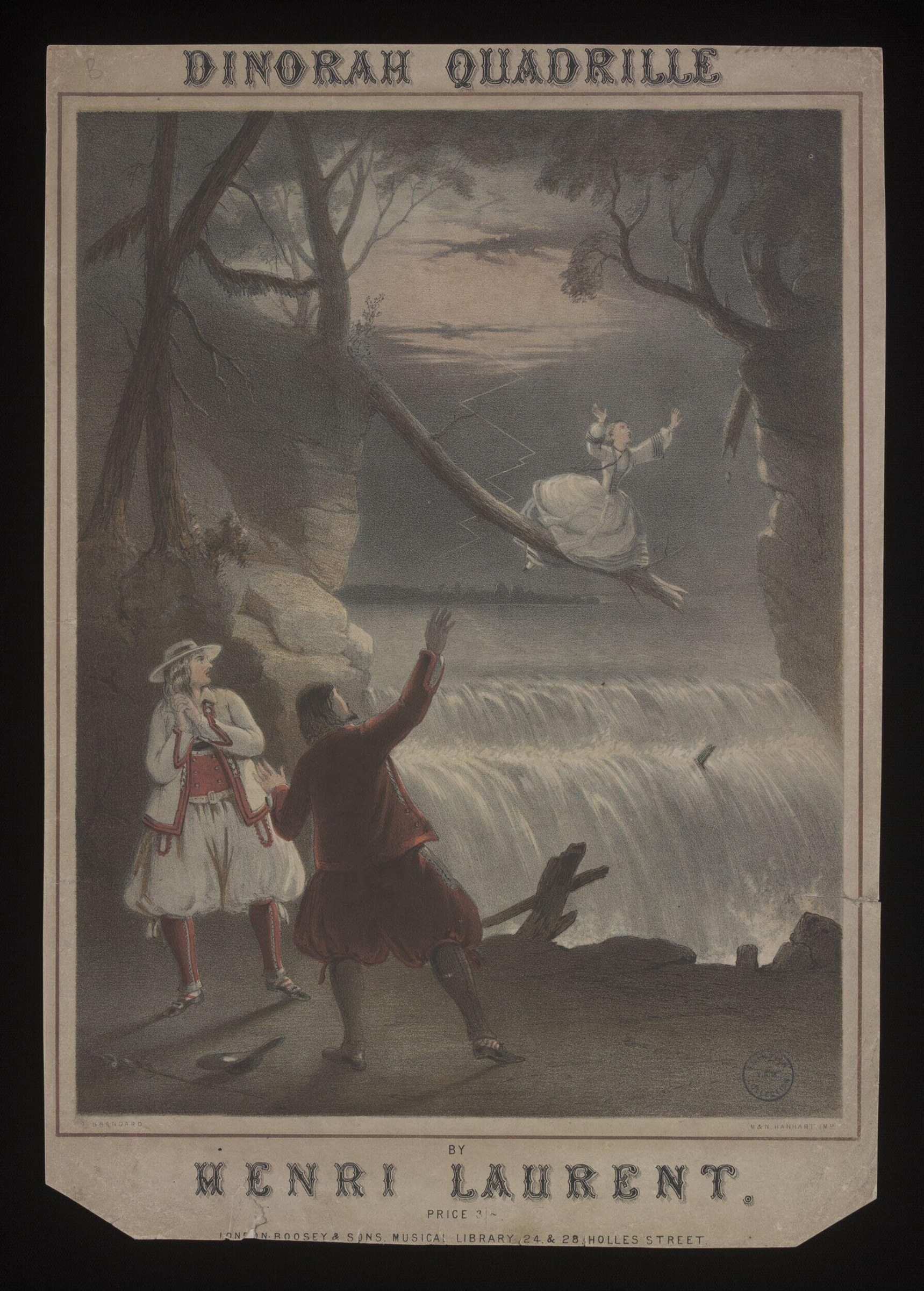 A moonlit woodland scene with a woman swinging over a waterfall while two figures in Regency dress watch from below.