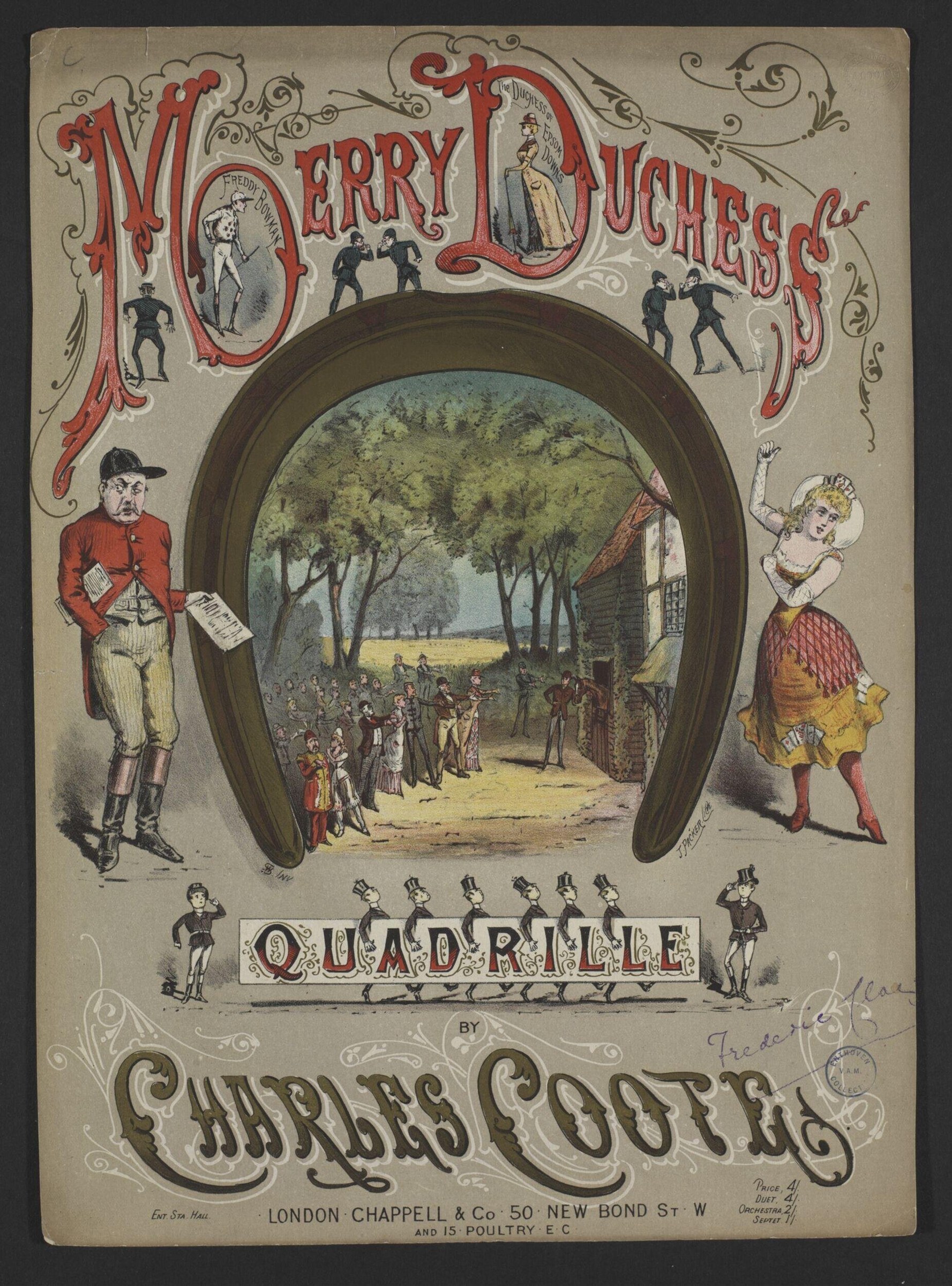 Chromolithographed sheet-music cover with ornate title, pastoral ballroom scene framed by large horseshoe, decorative figures around border.