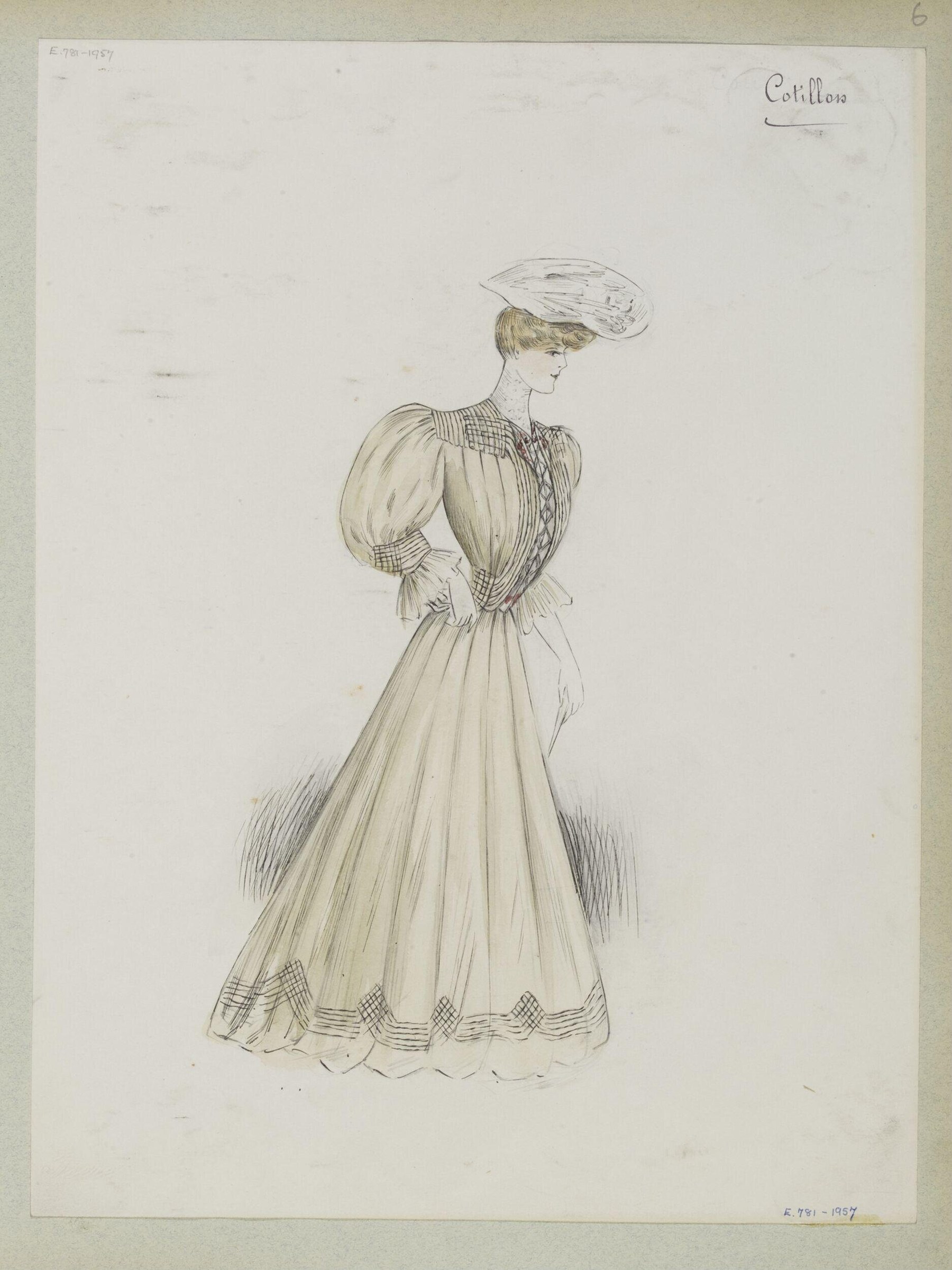 A woman in an elaborate Edwardian dress with tight bodice and pleated skirt, shown in profile wearing a wide feathered hat.