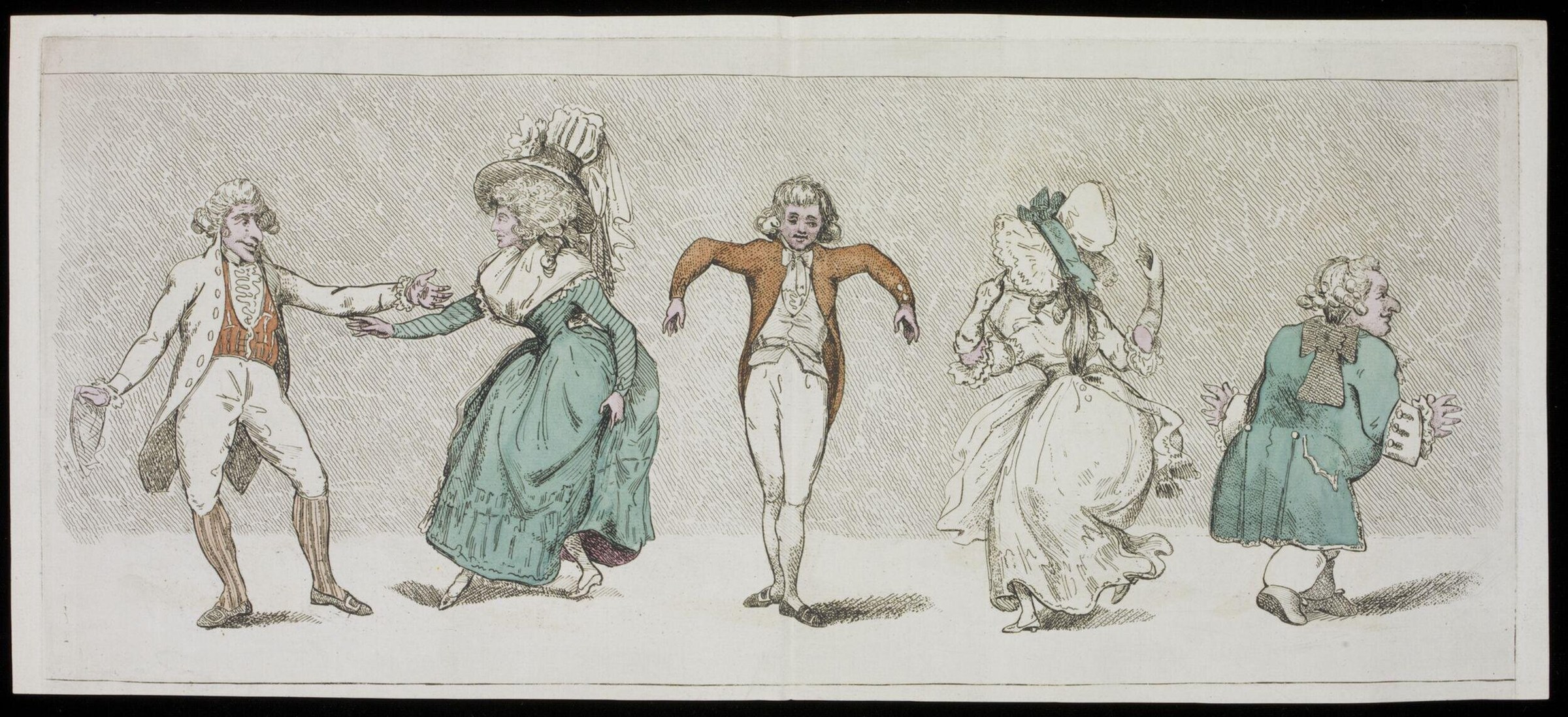 Six figures in 18th-century court dress arranged in separate dance positions across a print, demonstrating cotillion figures.