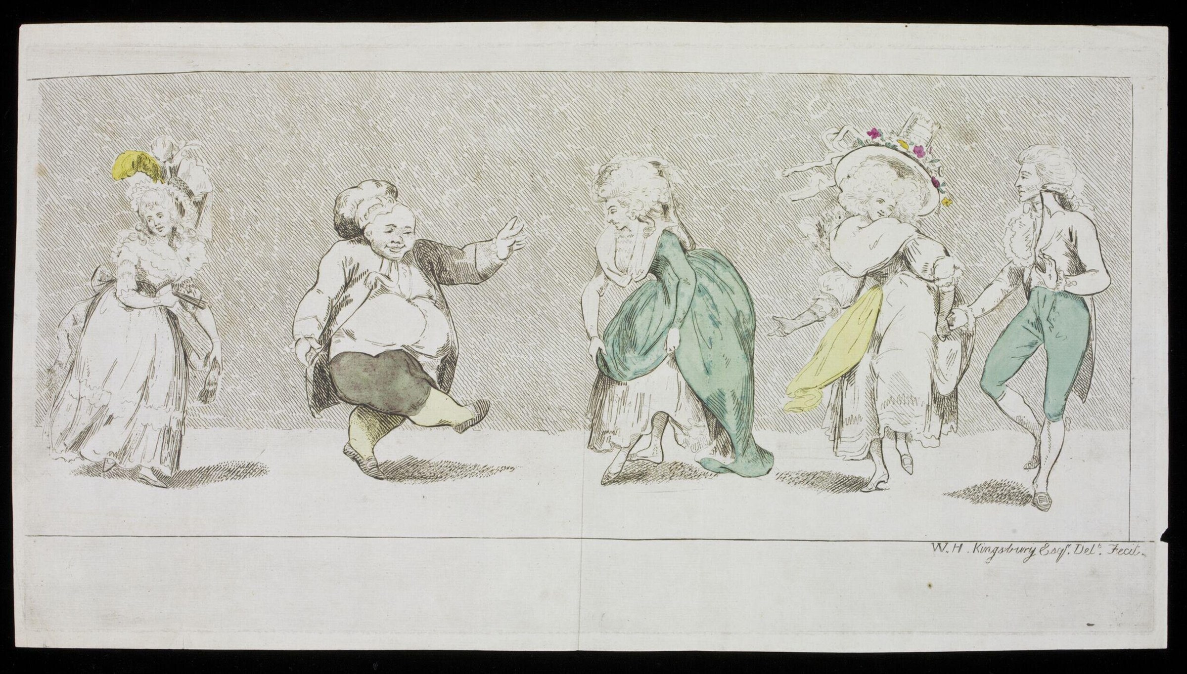 Five figures in 18th-century dress stand in a line during a cotillion; hand-colored engraving with exaggerated body types.