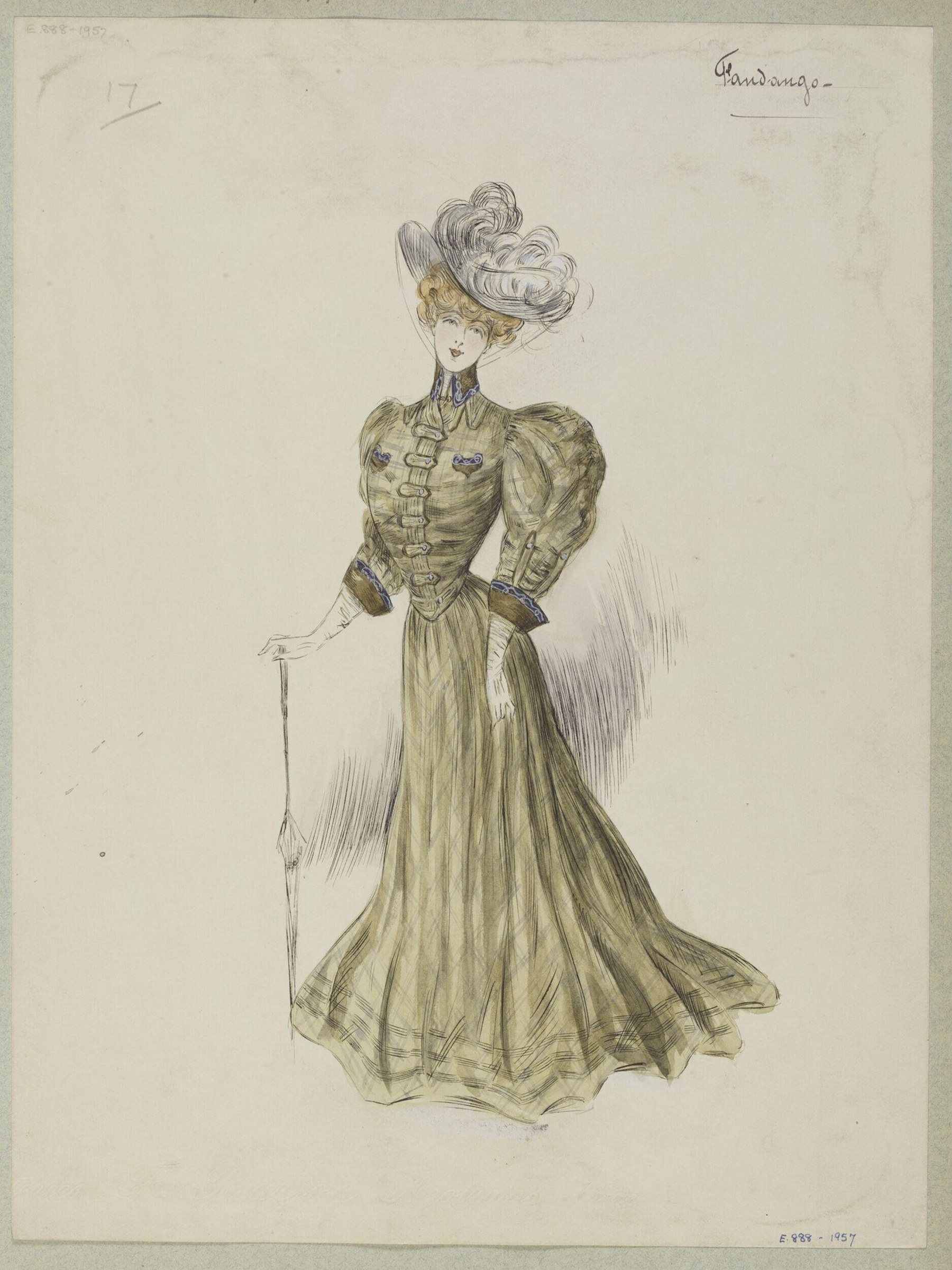 Pencil and watercolor fashion illustration of an elegant Edwardian woman in a pale green gown with puffed sleeves, holding a cane, standing in ballroom posture.
