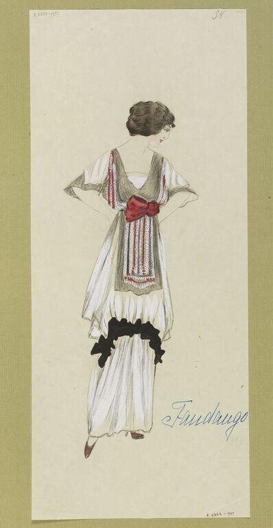 Fashion sketch of a 1912 evening gown with a striped tunic overskirt, V-back, and red bow at the waist, shown from behind.