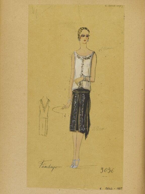 Fashion design drawing of a woman in a 1920s white shift dress with dark patterned draped overdress, by Jean-Charles Worth, 1926.