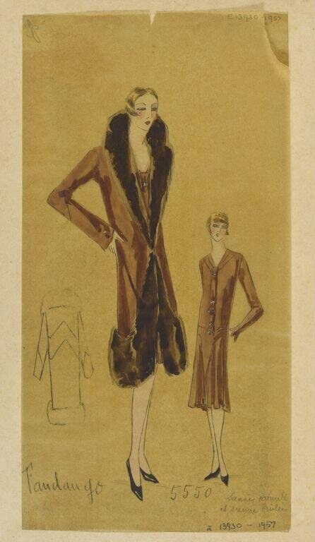 Fashion design sketch showing a 1920s coat dress with fur collar in rust-brown, worn by two female figures in elegant standing poses.