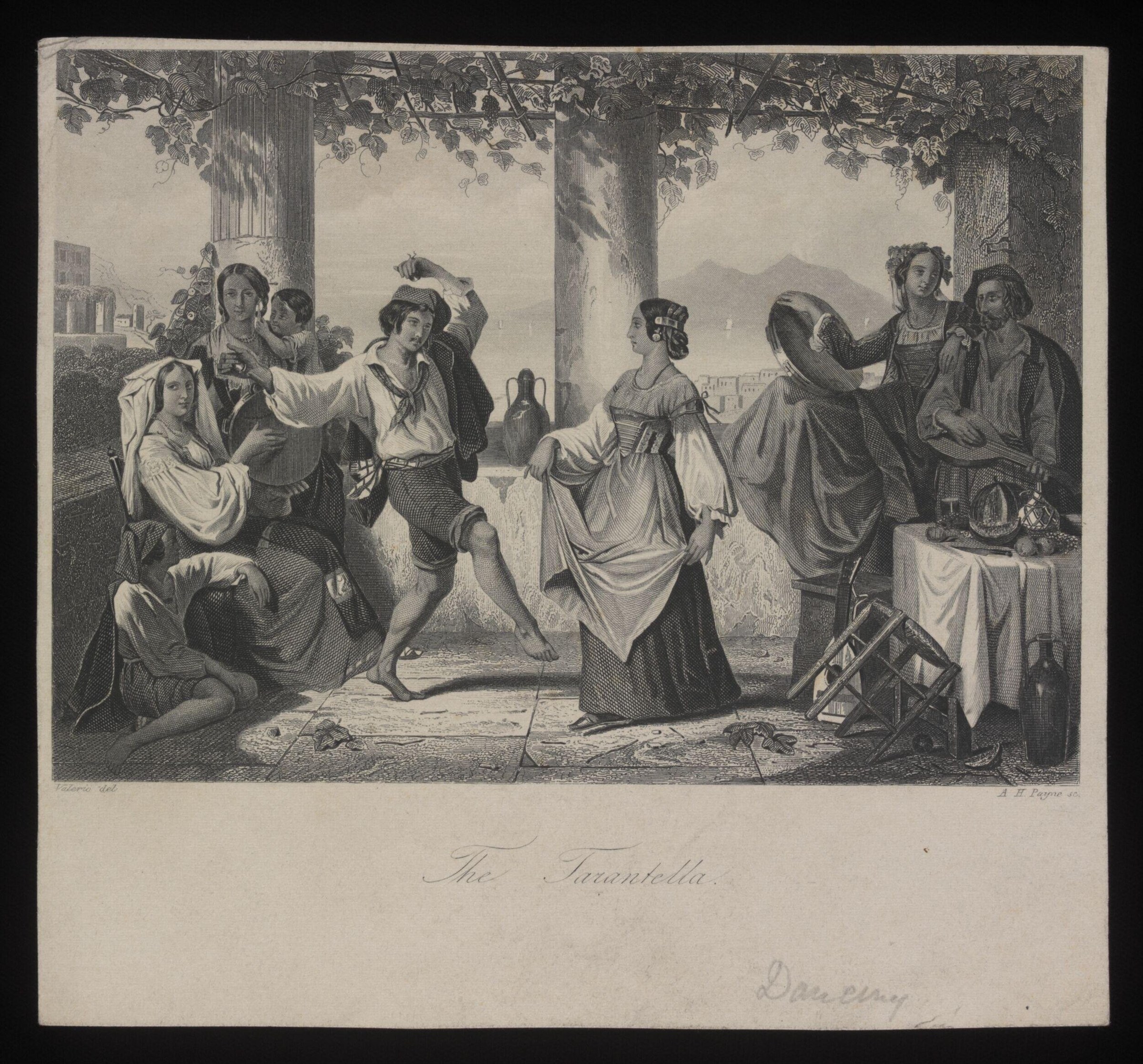 Engraving of a woman in a pale dress dancing the Tarantella at the center of a classical portico, watched by six seated and standing companions in flowing