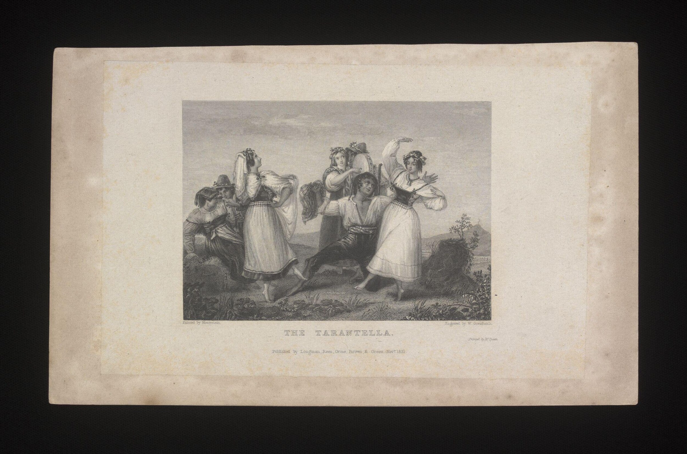 Seven women in white muslin dresses dance on a hillside, their bodies spiraling and arms raised in animated motion.