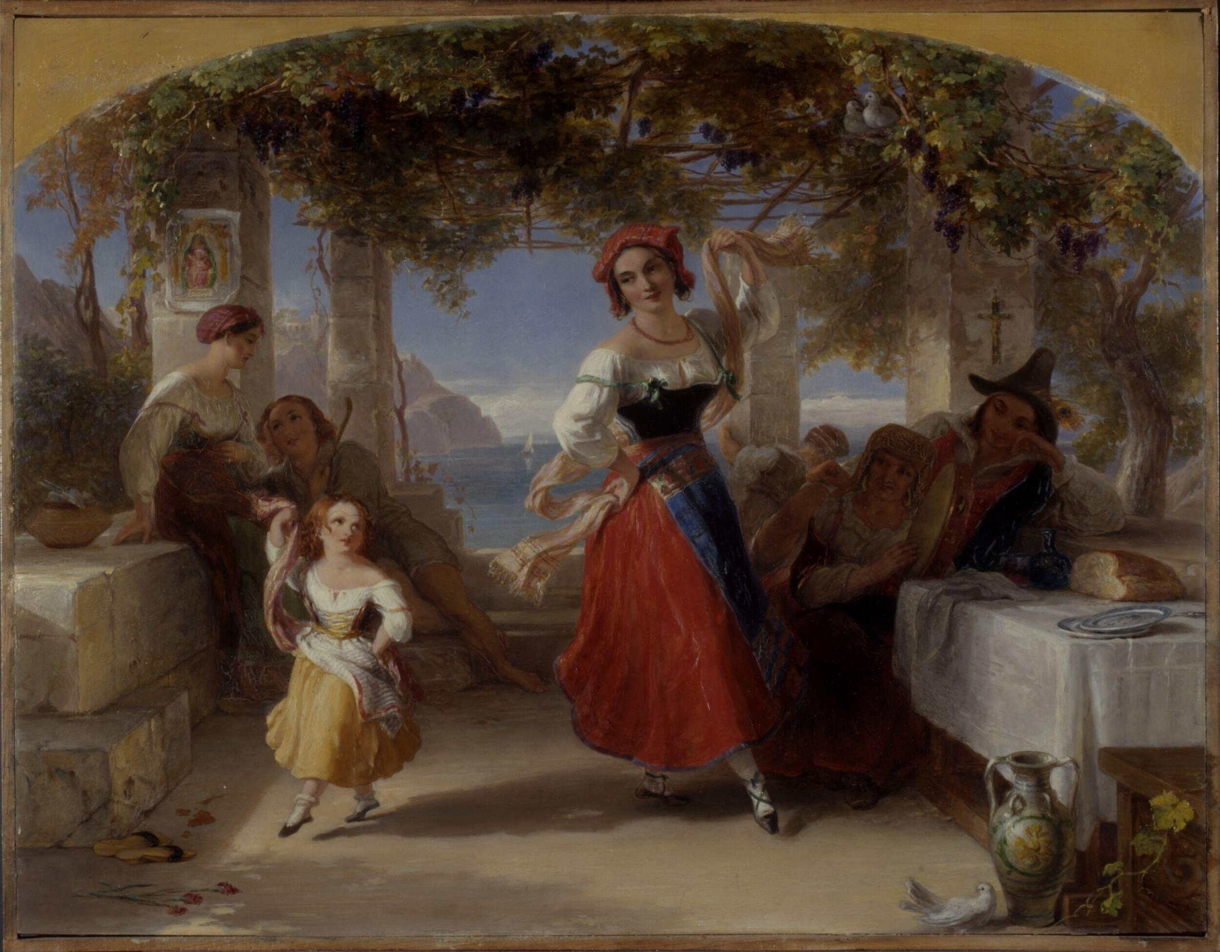 Woman in red skirt and red cap dances in a spiraling motion under a vine-wrapped pergola, watched by onlookers including an older woman and child.