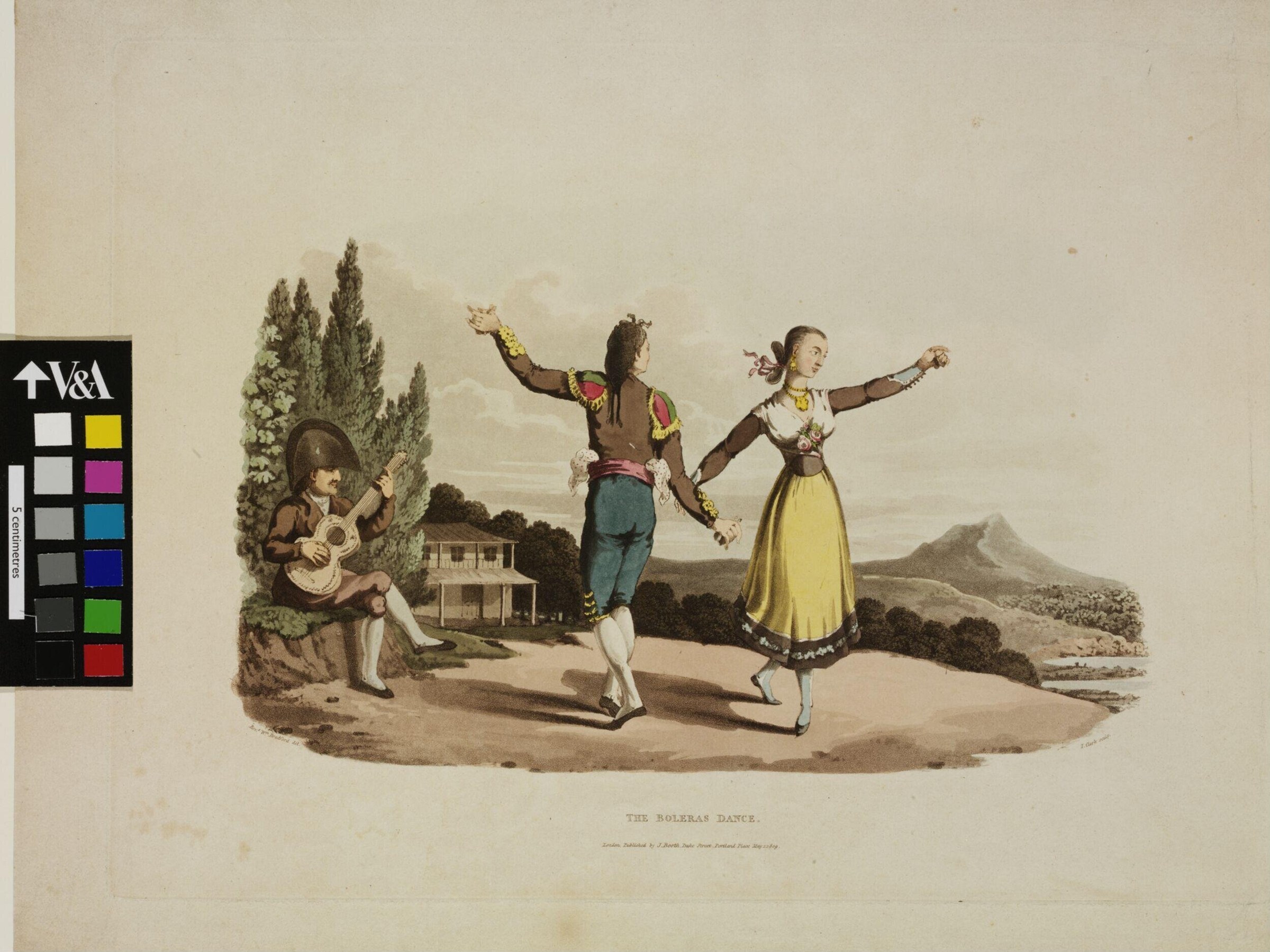 Engraving of two Spanish dancers in open frame with raised arms, facing each other, accompanied by a seated guitarist in a Mediterranean landscape.
