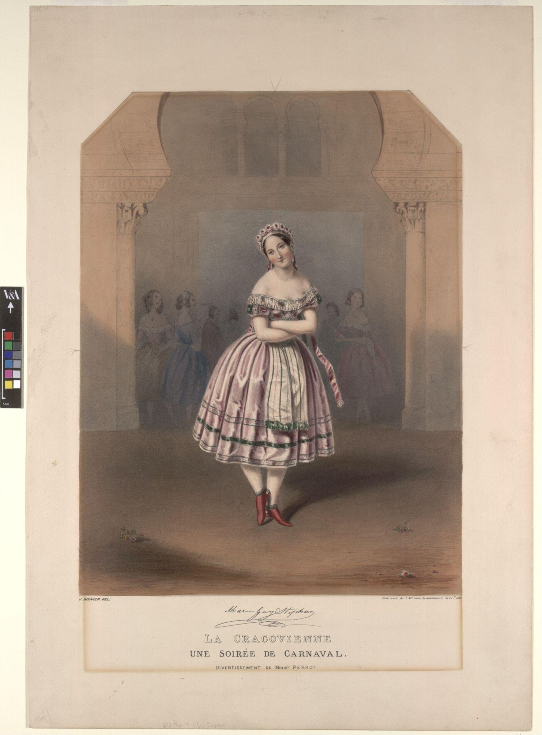 A woman in a pale pink ball gown with a tiara stands poised in a grand columned hall, attendants visible in shadow behind her.