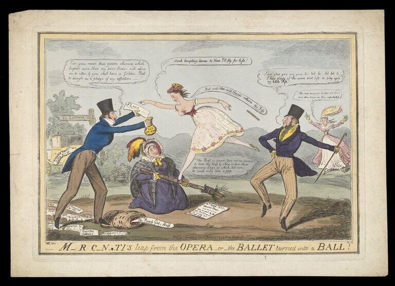 Satirical engraving: a female dancer in mid-leap in a white dress disrupts a formal ballroom, with two alarmed men and a seated woman reacting to her