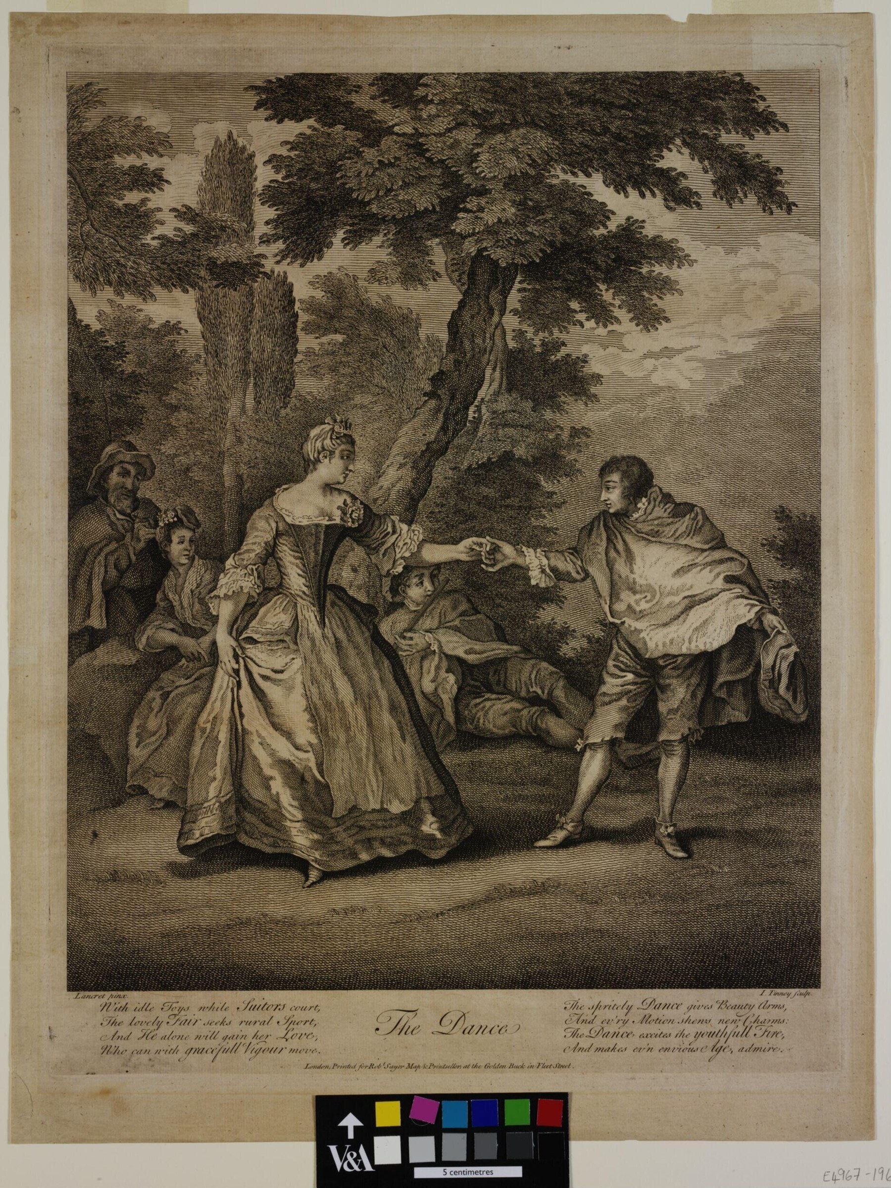 Engraving of a woman in a garden gesturing to an approaching man, with children and observers nearby, depicting 18th-century courtship ritual.