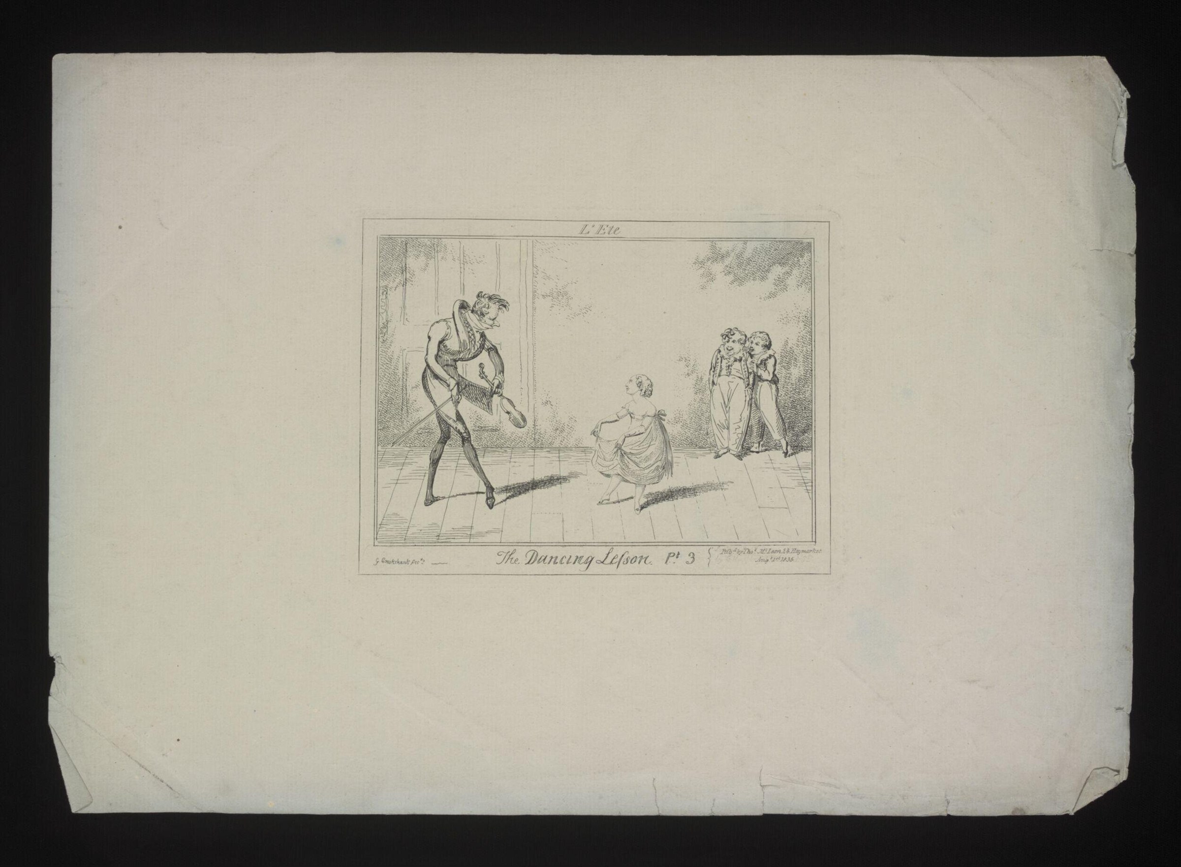 A dancing master in breeches demonstrates a ballet attitude to a young female student in a columned interior; two other figures wait in the background.