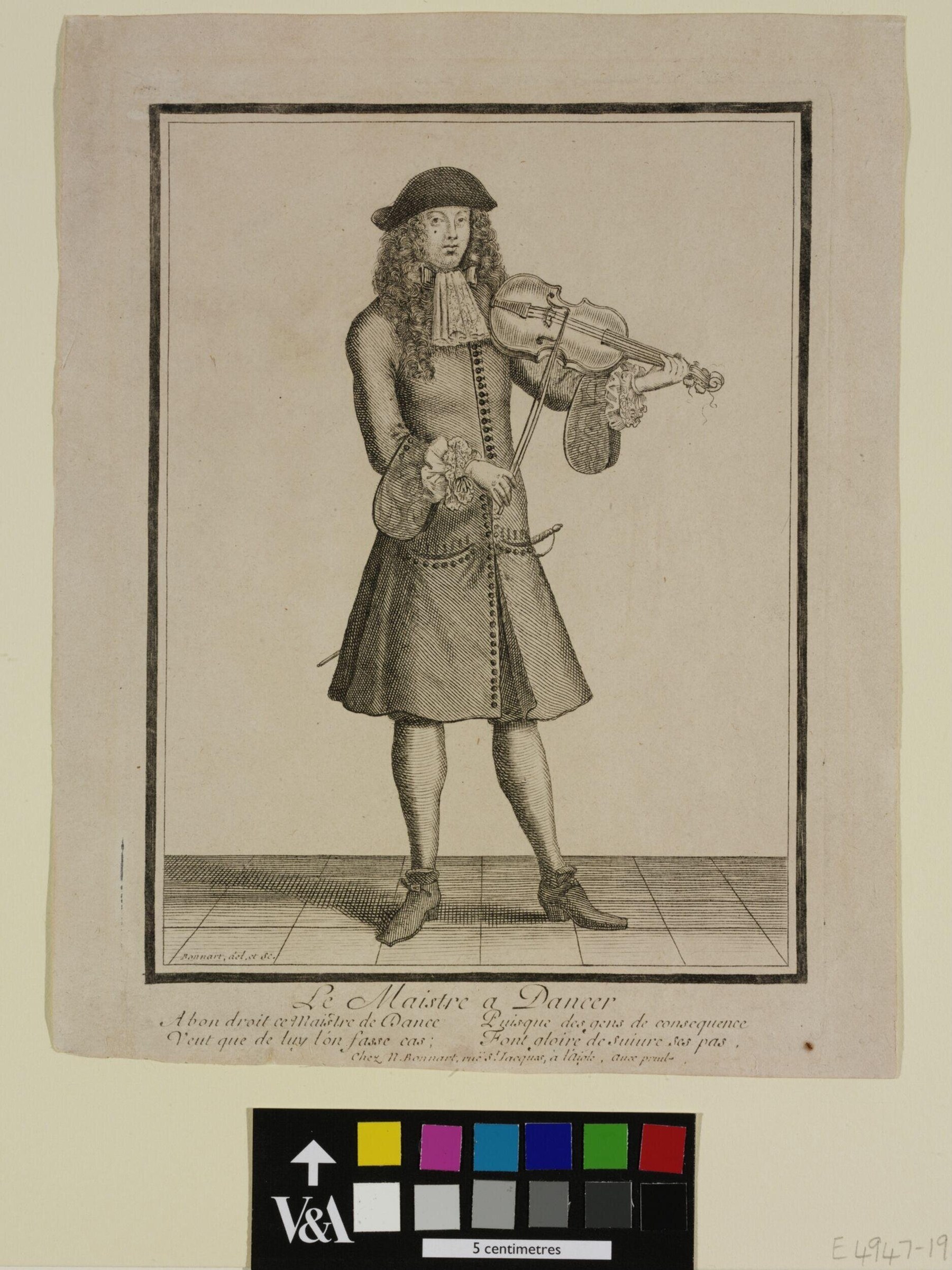 Engraving of a young man in 17th-century court dress holding a violin, standing in a composed pose.