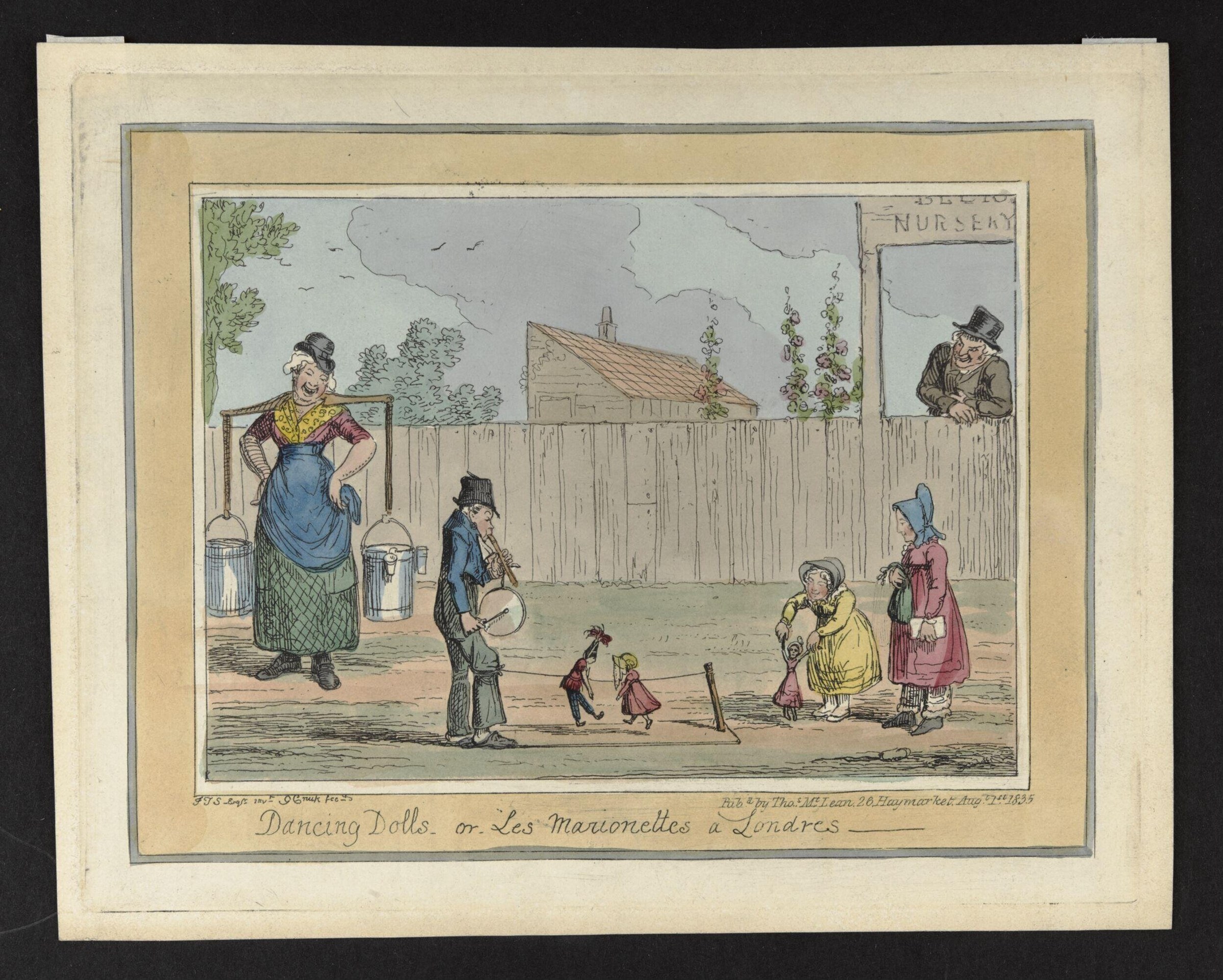 Hand-coloured engraving showing a street puppeteer operating two dancing marionettes for a group of delighted children in 1830s London.